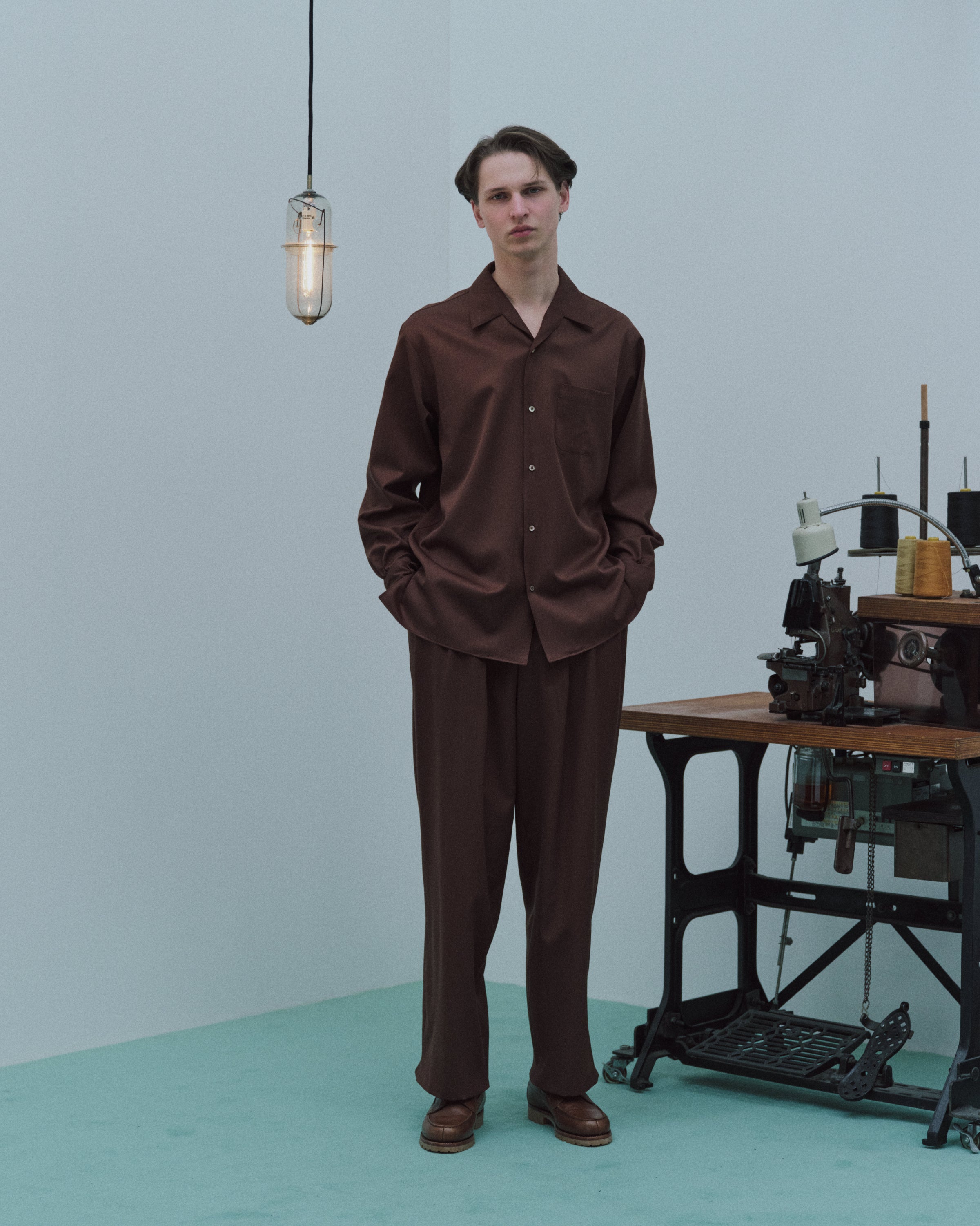Organic Wool 2/80 Gabardine / Italian Open Collar Shirt, Dark Bronze