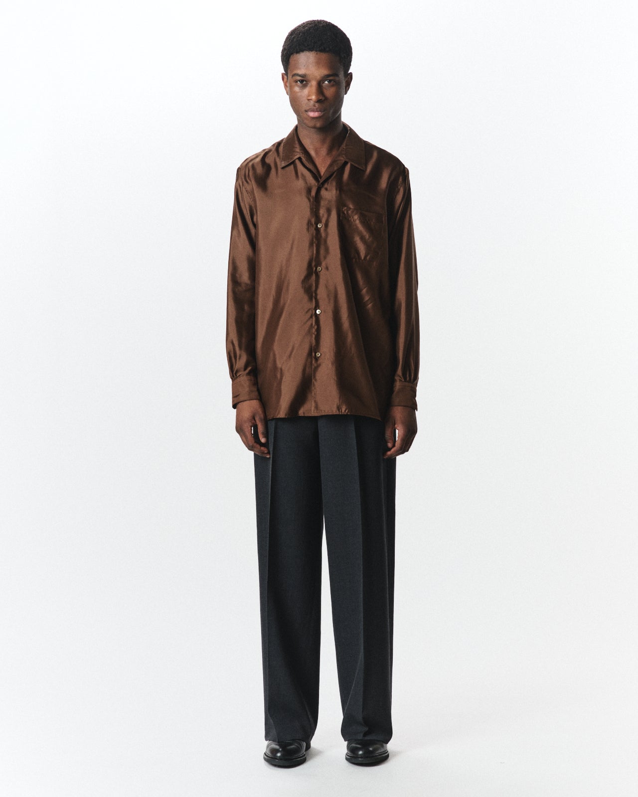 Bratac Silk Back Satin / Italian Open Collar Shirt, Bronze