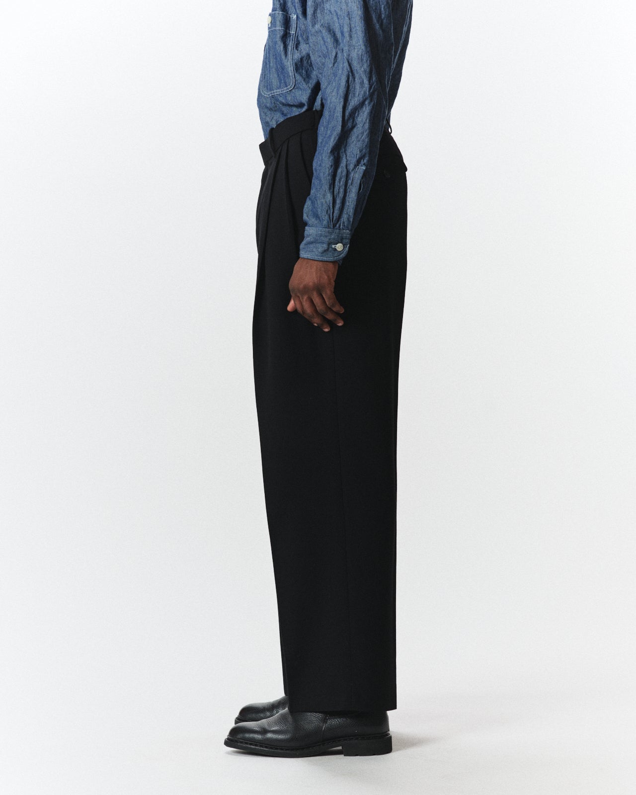Organic Wool Survival Cloth / Double Pleated Semi Easy Trousers, Black