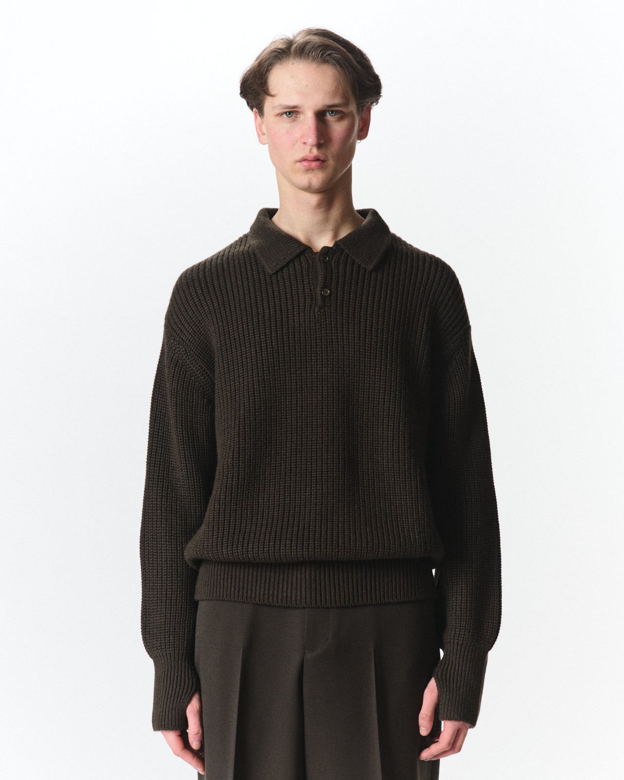 Alpaca Sixteen / Ribbed Polo Collar Jumper, Dark Olive