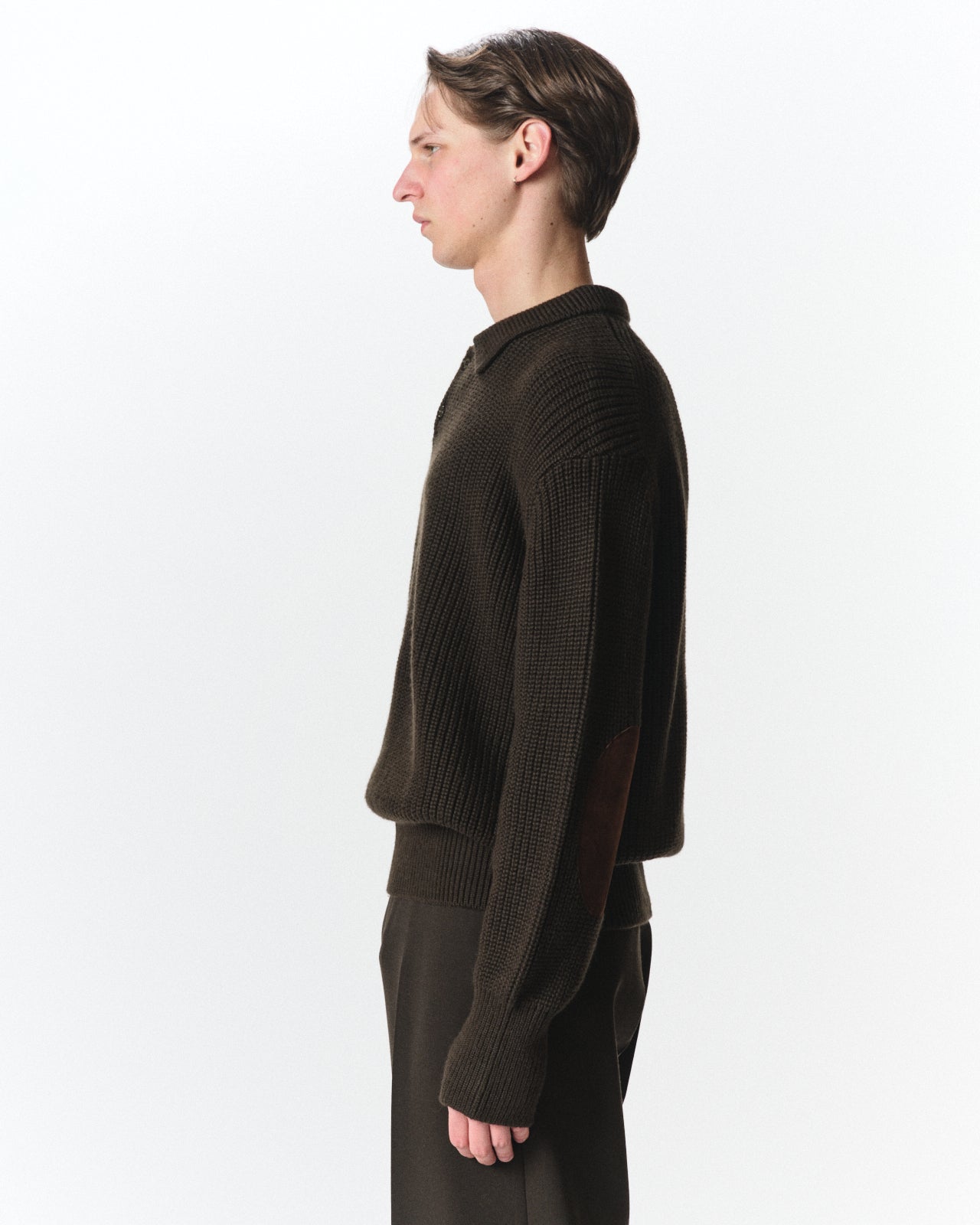 Alpaca Sixteen / Ribbed Polo Collar Jumper, Dark Olive