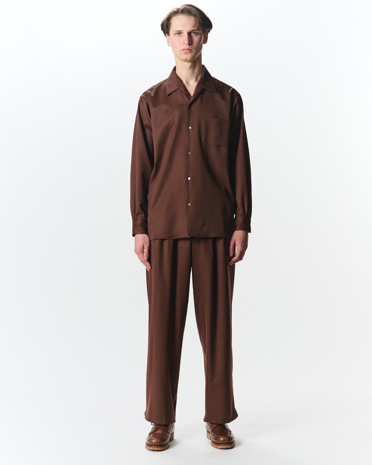Organic Wool 2/80 Gabardine / Italian Open Collar Shirt, Dark Bronze