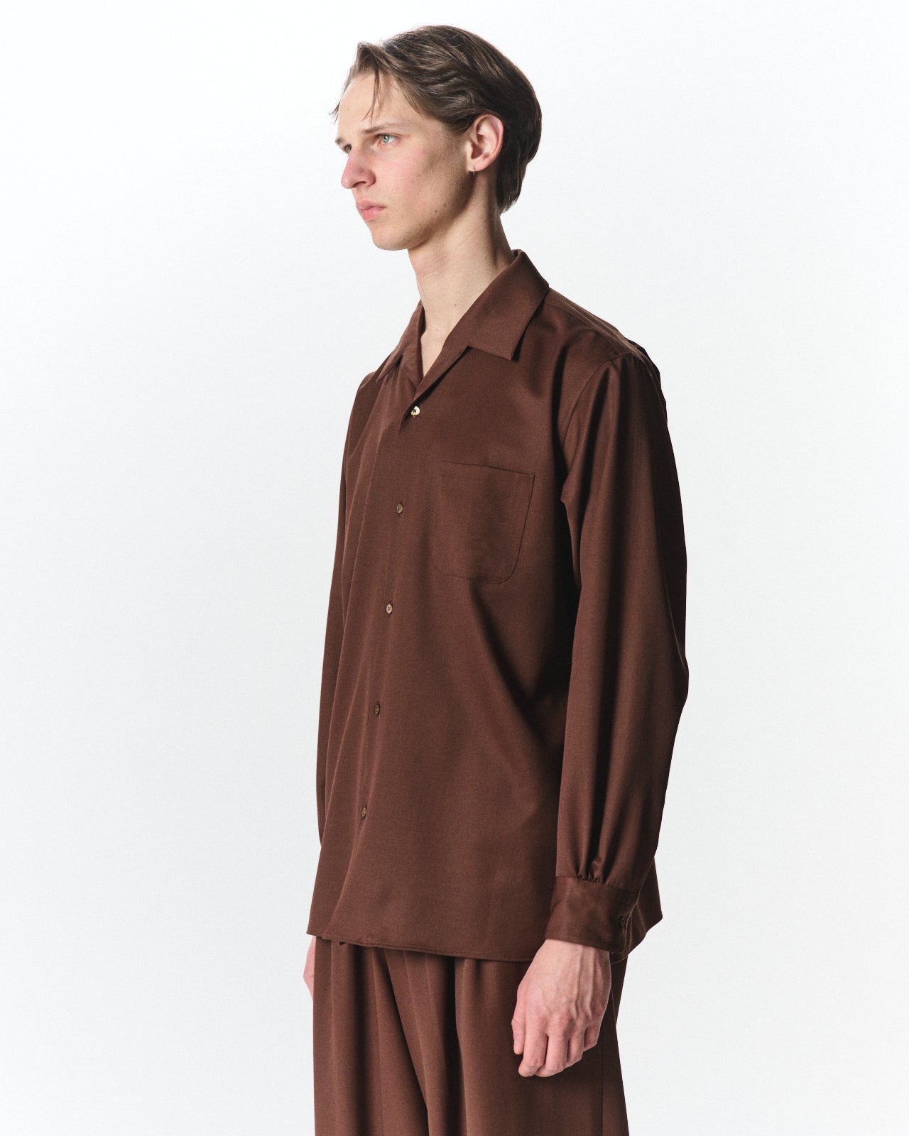 Organic Wool 2/80 Gabardine / Italian Open Collar Shirt, Dark Bronze