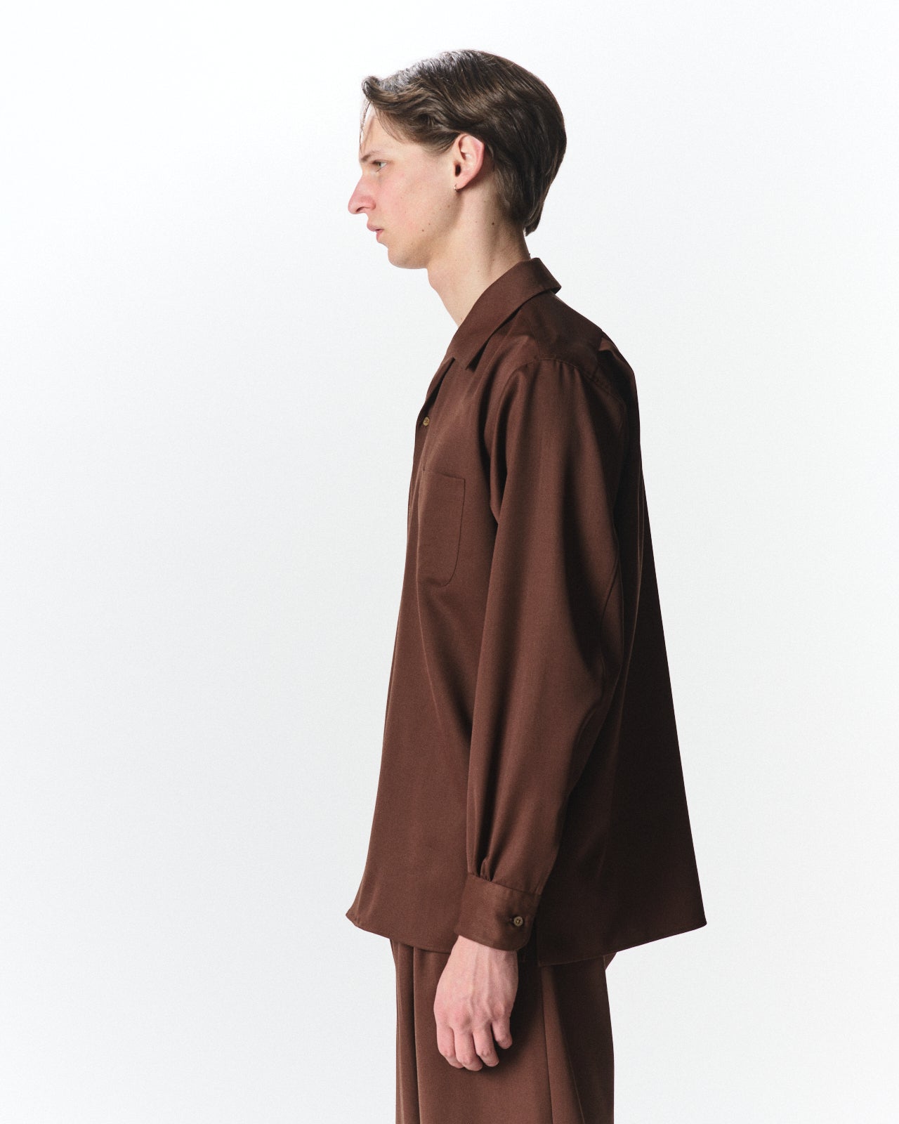 Organic Wool 2/80 Gabardine / Italian Open Collar Shirt, Dark Bronze
