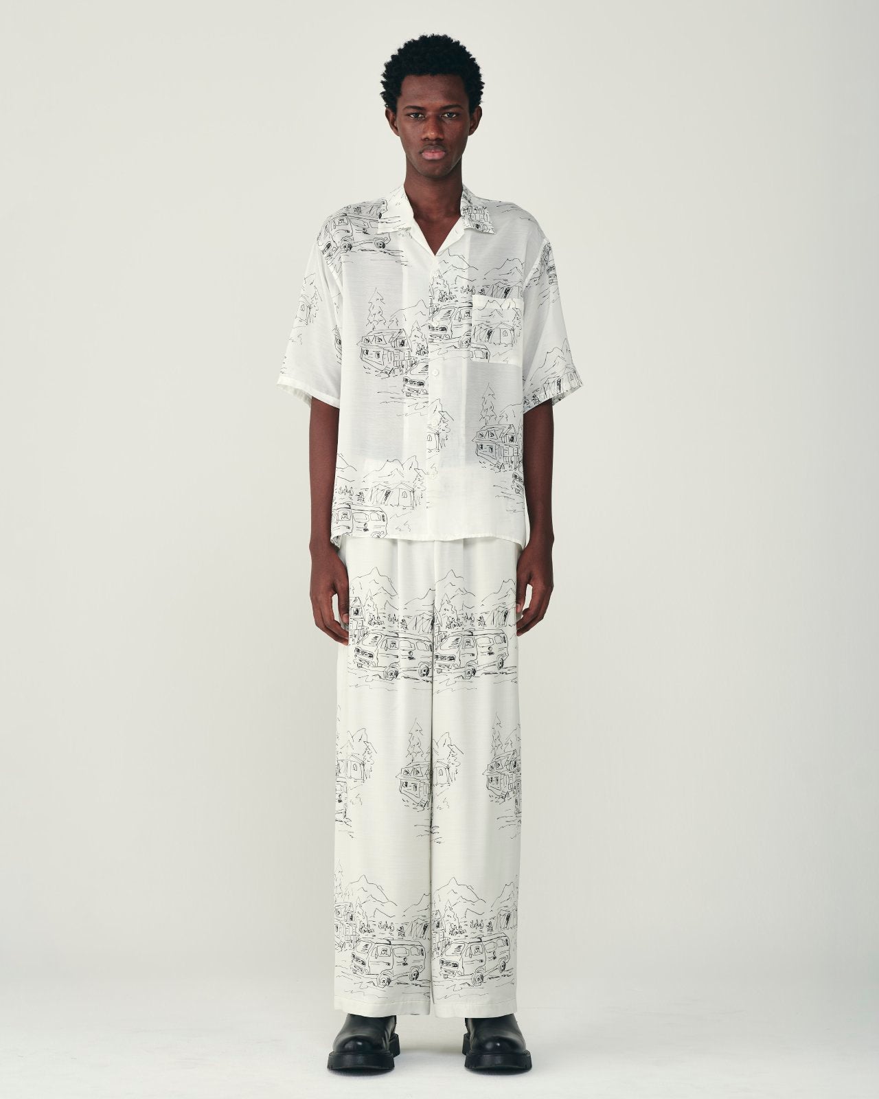 キュプラシルクローン / オープンカラー S/S シャツ, White Vanagon
