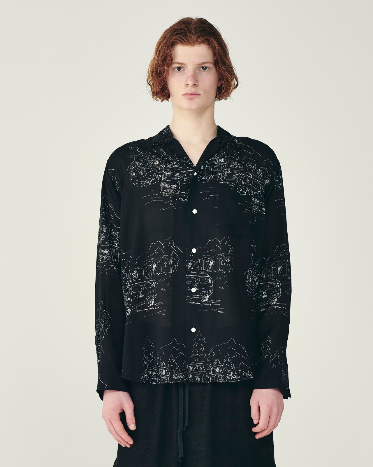 キュプラシルクローン / オープンカラー L/S シャツ, Black Vanagon