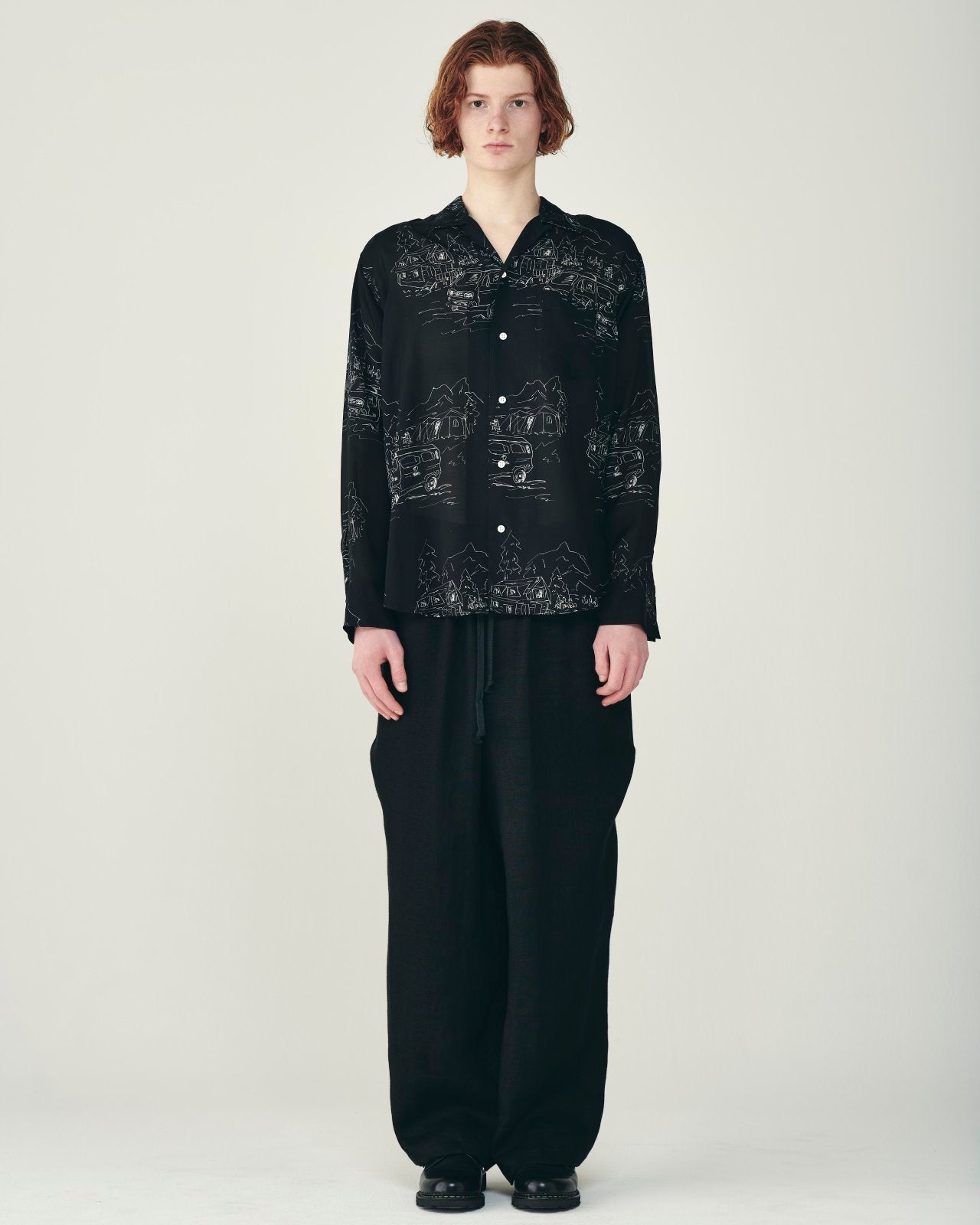 キュプラシルクローン / オープンカラー L/S シャツ, Black Vanagon