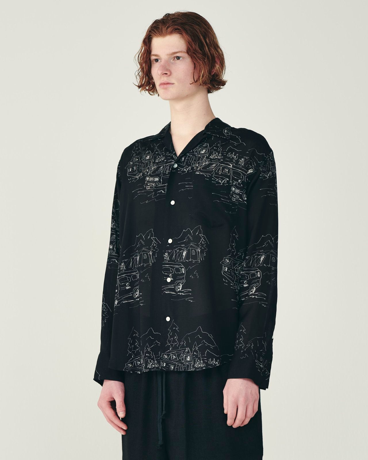 キュプラシルクローン / オープンカラー L/S シャツ, Black Vanagon