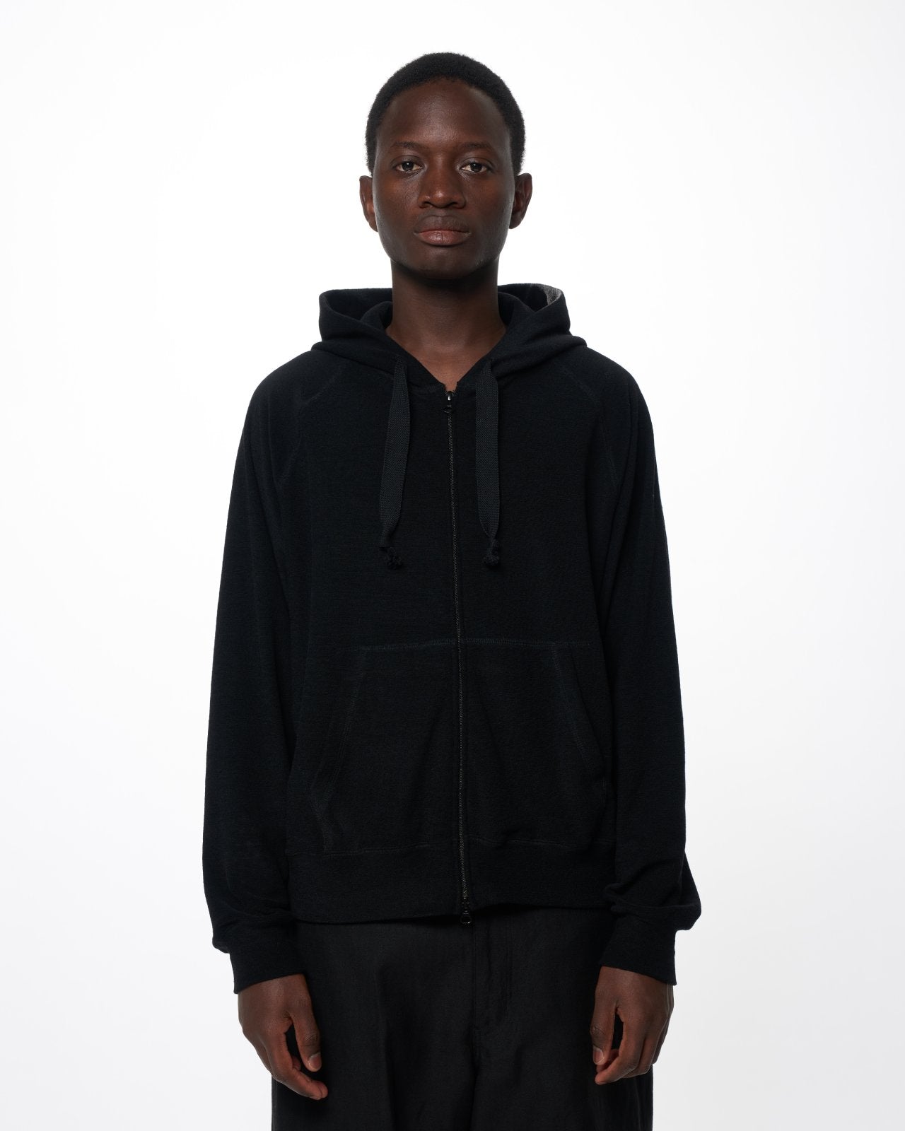 Super 140s Washable Wool Pile Knit / Zip Parka, Black