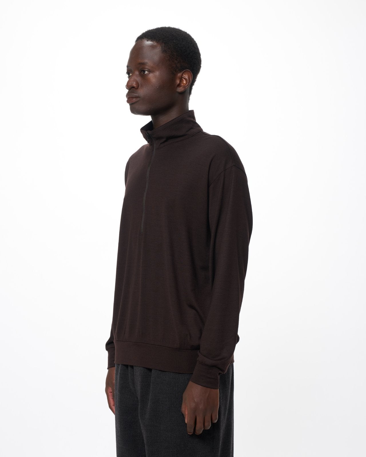 Super 100s Washable Wool Jersey Half-Zip Stand, Dark Brown
