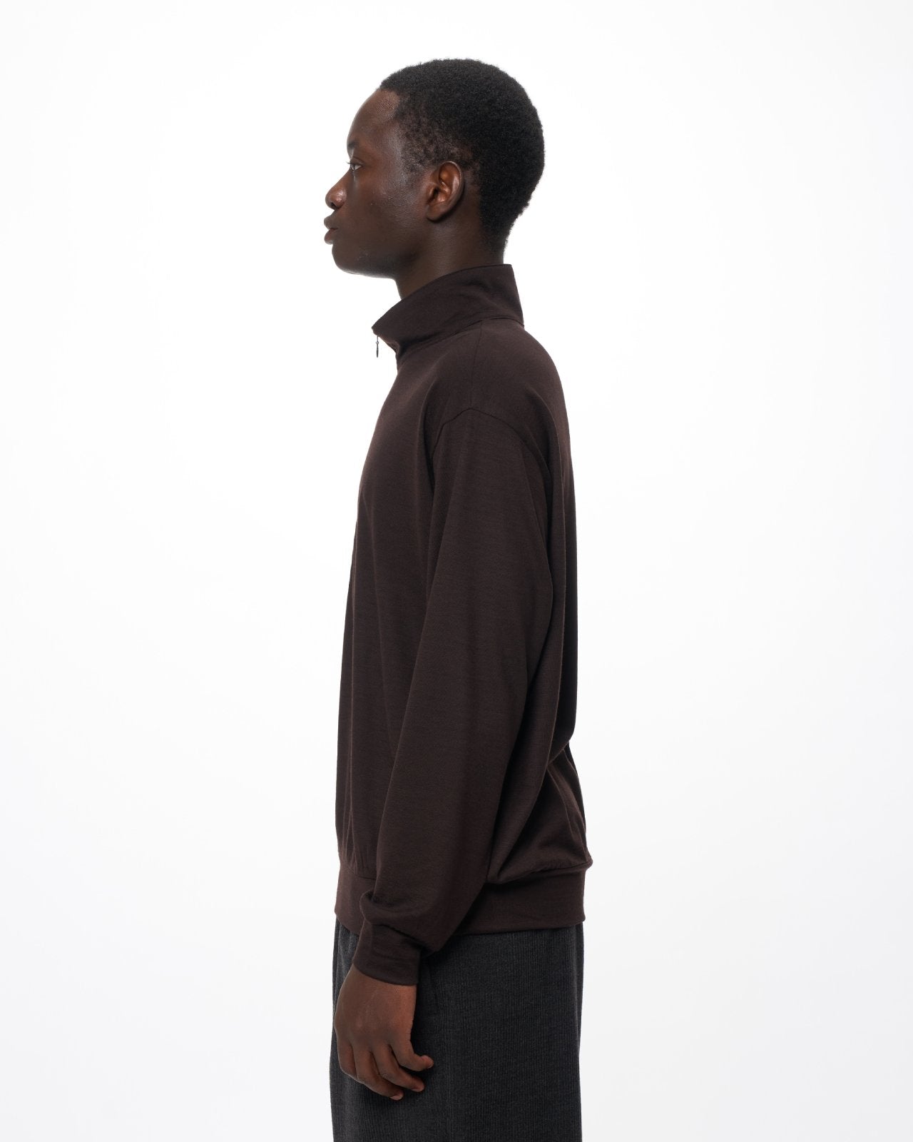 Super 100s Washable Wool Jersey Half-Zip Stand, Dark Brown