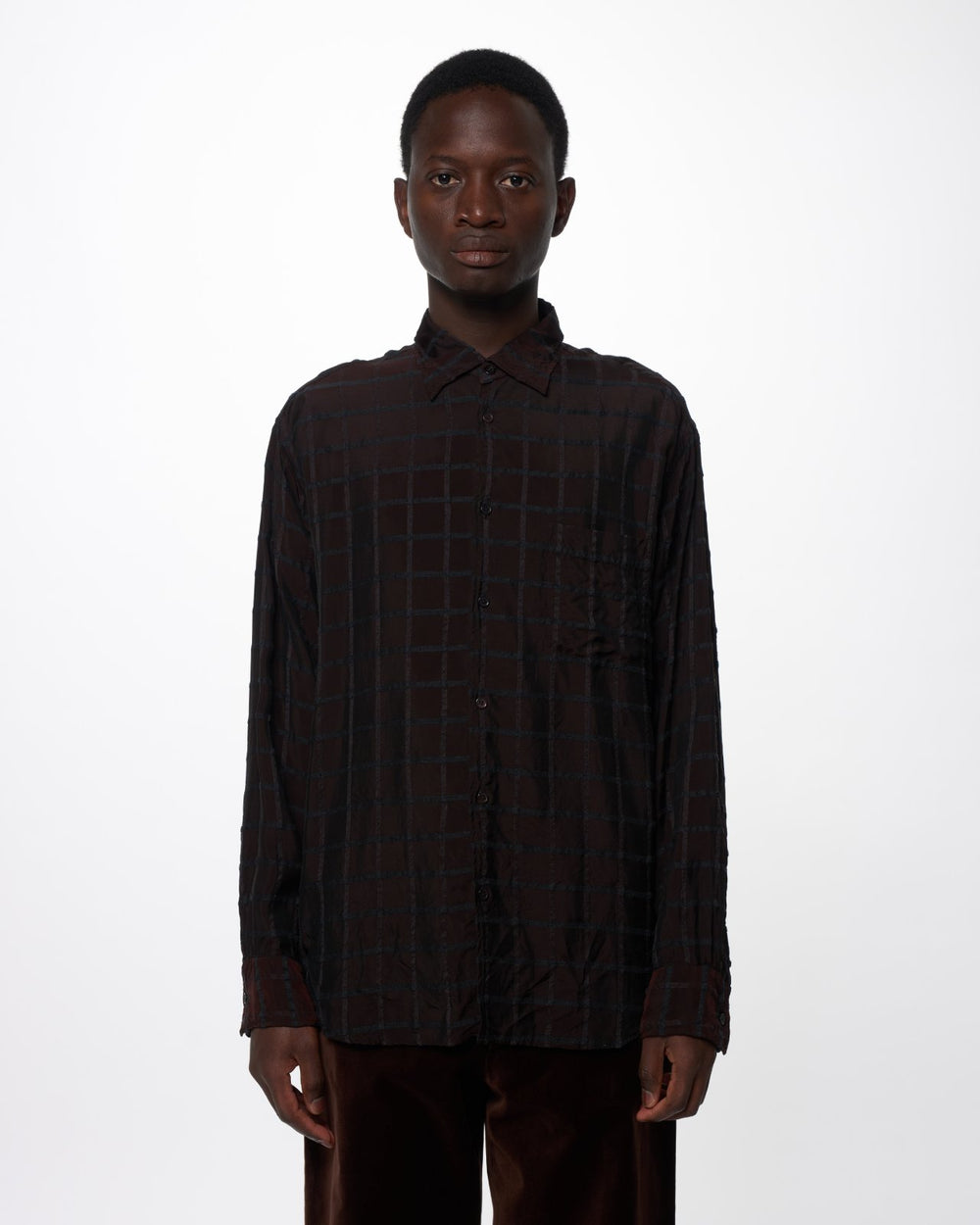 キュプラウールツイル / セミスプレッドカラーシャツ, Brown Check