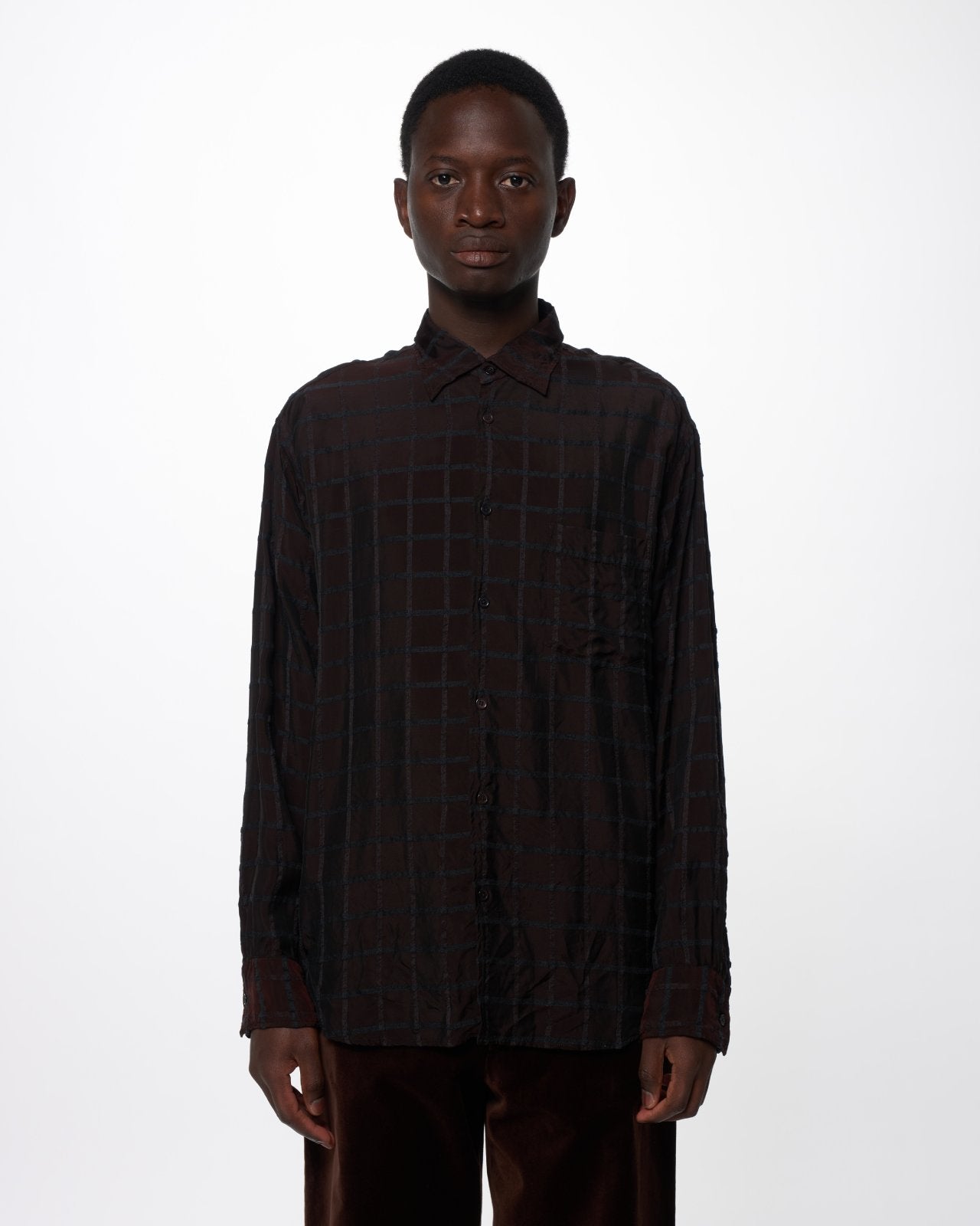 キュプラウールツイル / セミスプレッドカラーシャツ, Brown Check