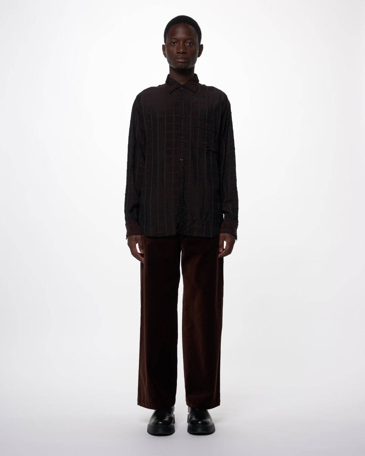 キュプラウールツイル / セミスプレッドカラーシャツ, Brown Check