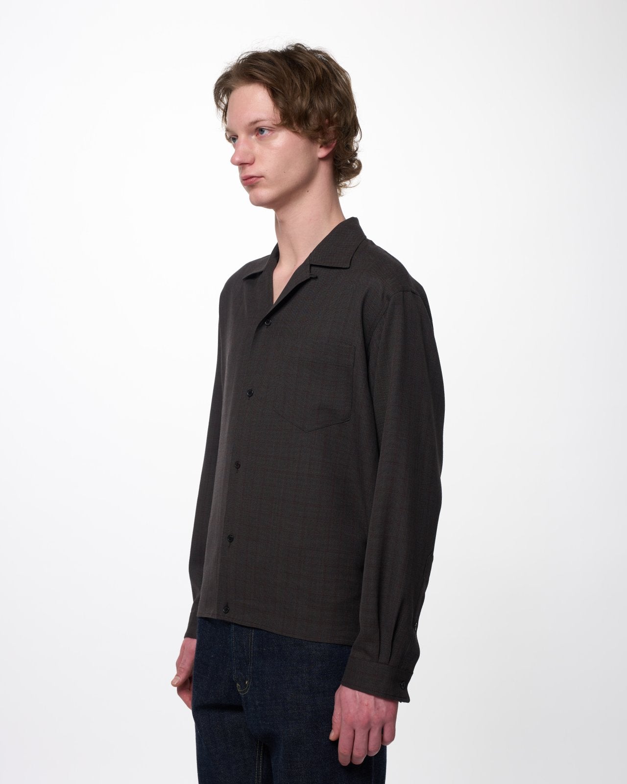RWS Super 140s ウール強撚サージ / オープンカラー L/S シャツ With Hem Tab, Gray Plaid