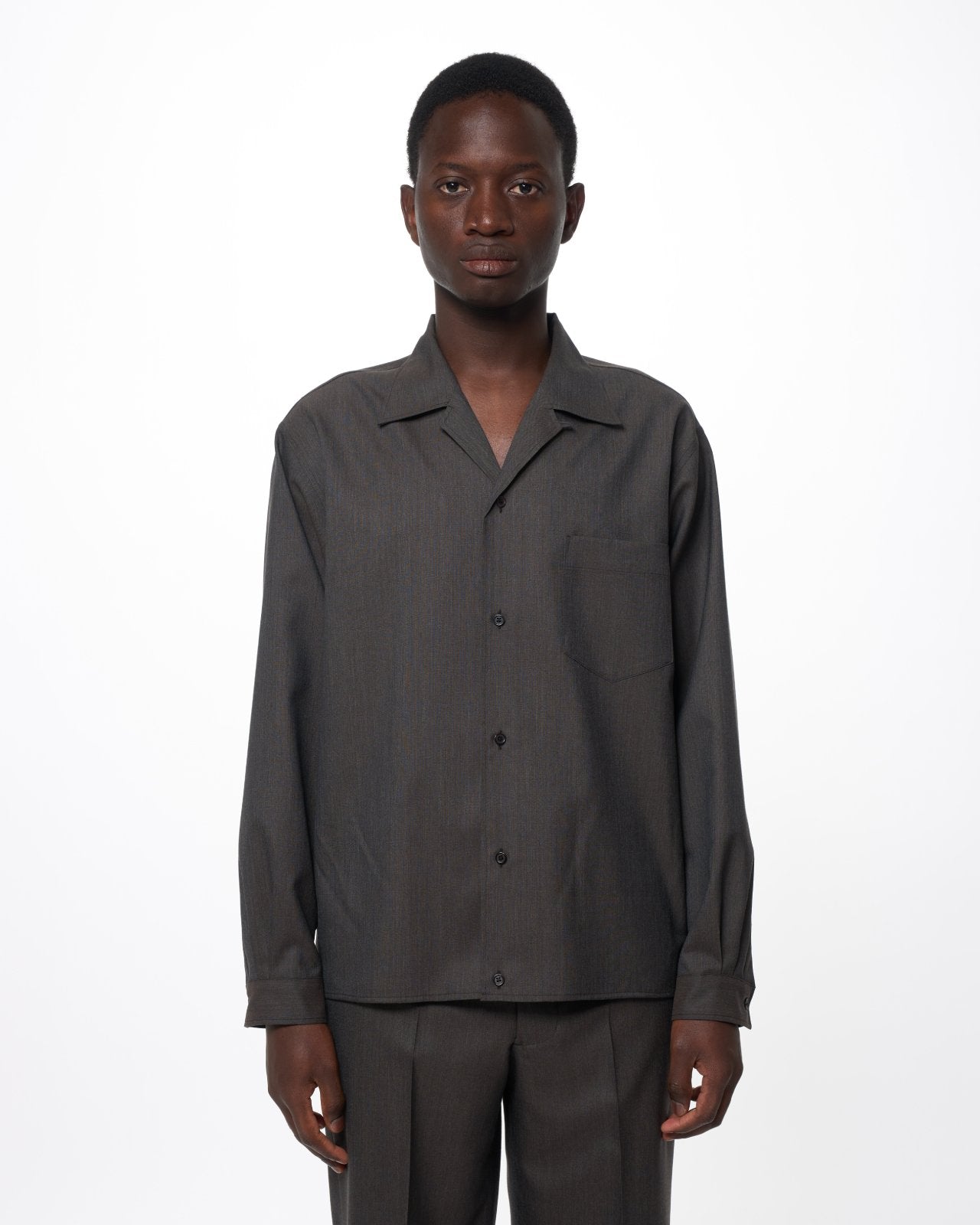 2/60 Wool Tropical Melange / Open Collar L/S Shirt With Hem Tab, Brown Gray