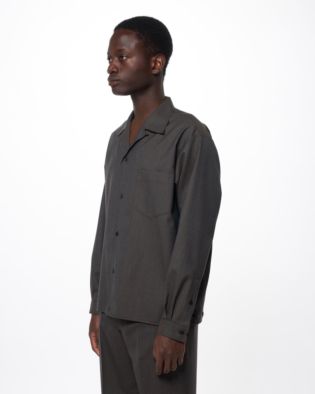 2/60 Wool Tropical Melange / Open Collar L/S Shirt With Hem Tab, Brown Gray