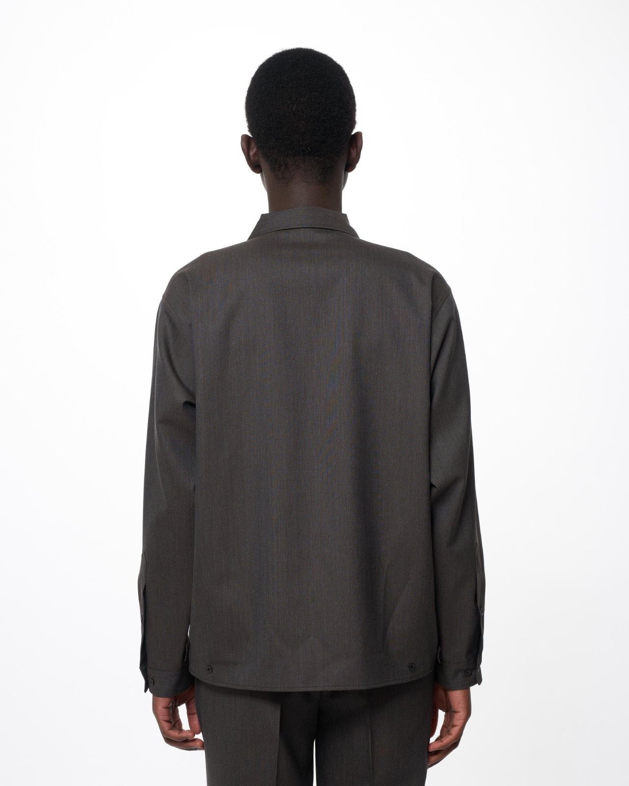 2/60 Wool Tropical Melange / Open Collar L/S Shirt With Hem Tab, Brown Gray