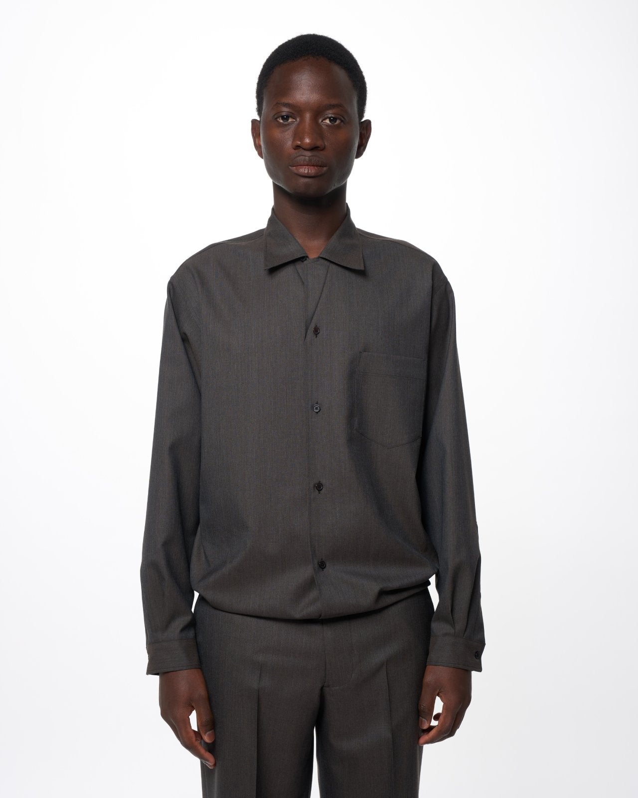 2/60 Wool Tropical Melange / Open Collar L/S Shirt With Hem Tab, Brown Gray