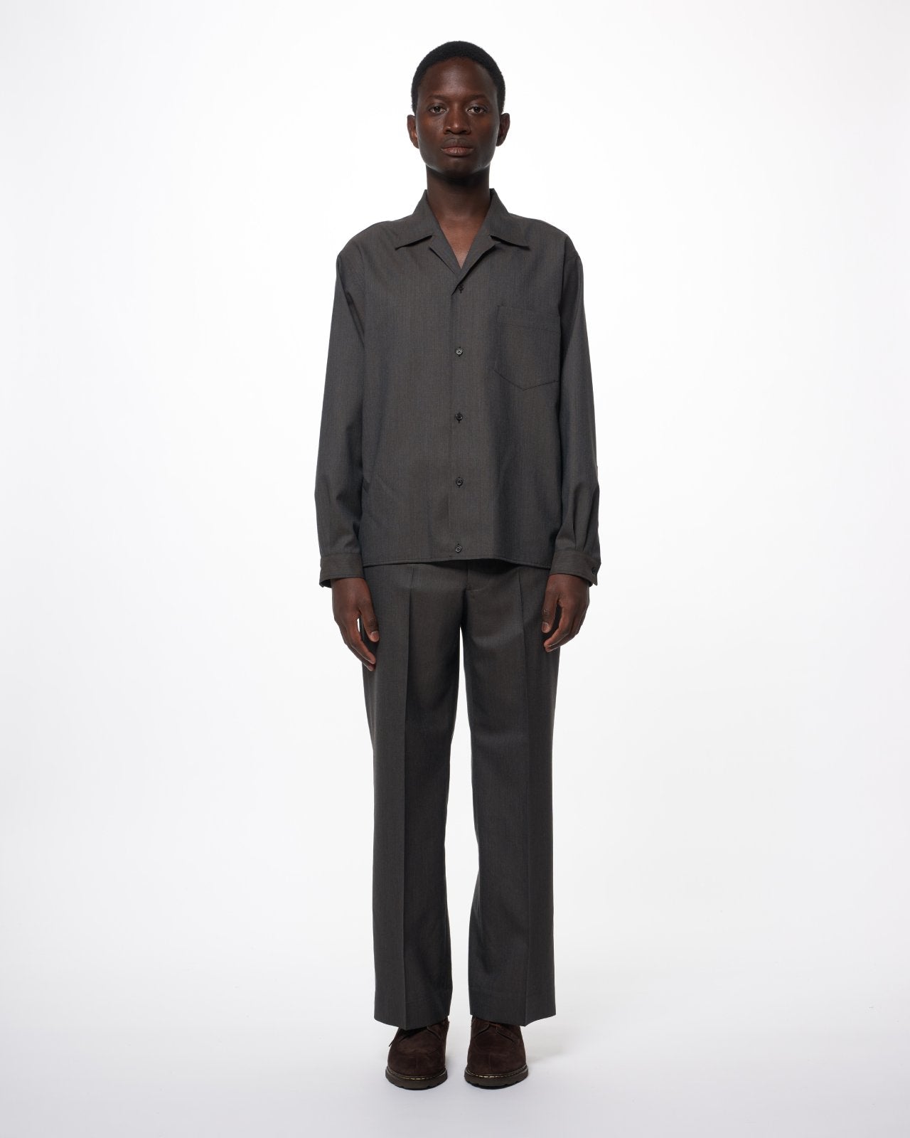 2/60 Wool Tropical Melange / Open Collar L/S Shirt With Hem Tab, Brown Gray