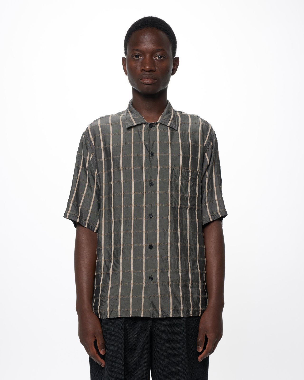 Cupra/Wool Twill / Open Collar S/S Shirt, Gray Check