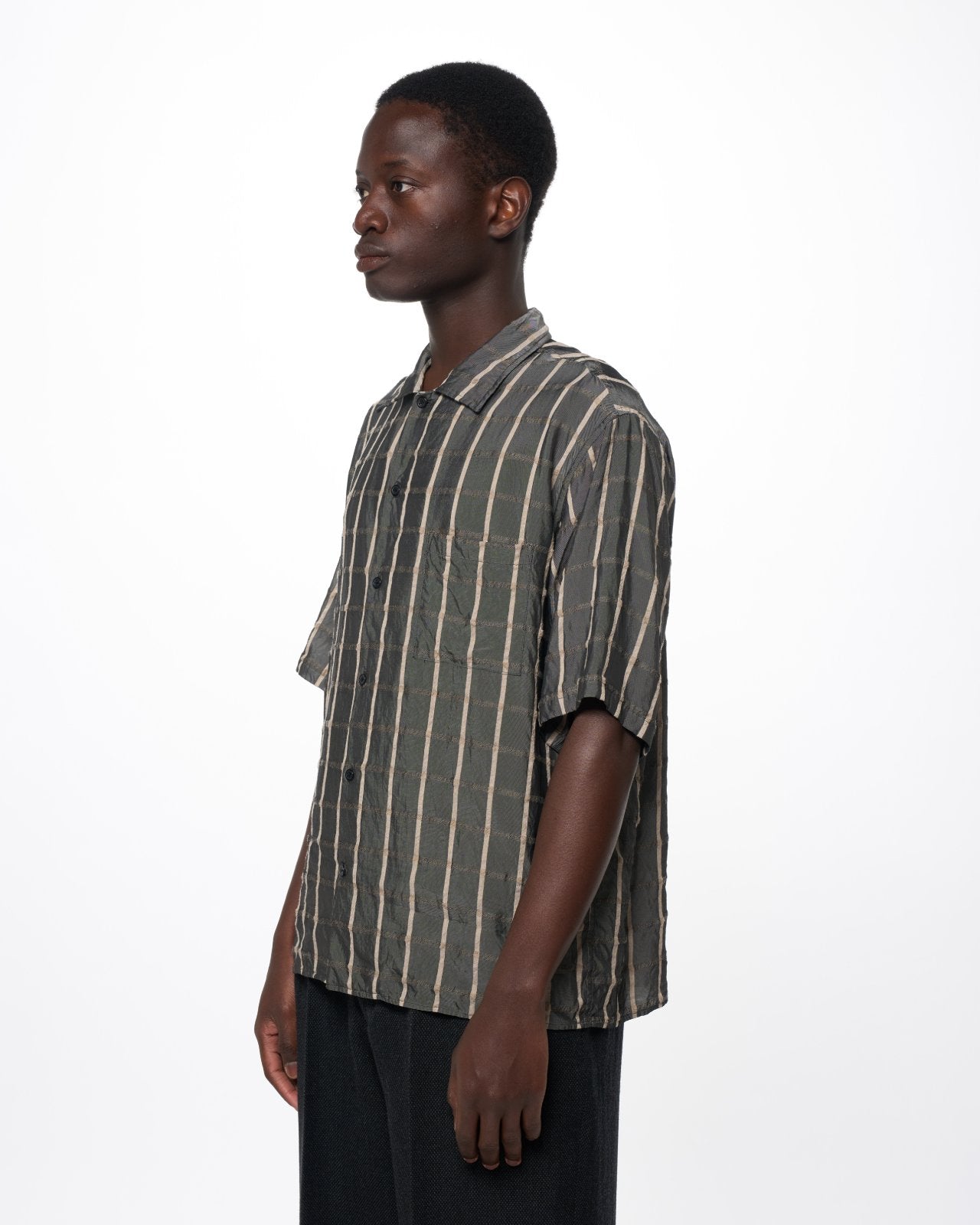 Cupra/Wool Twill / Open Collar S/S Shirt, Gray Check