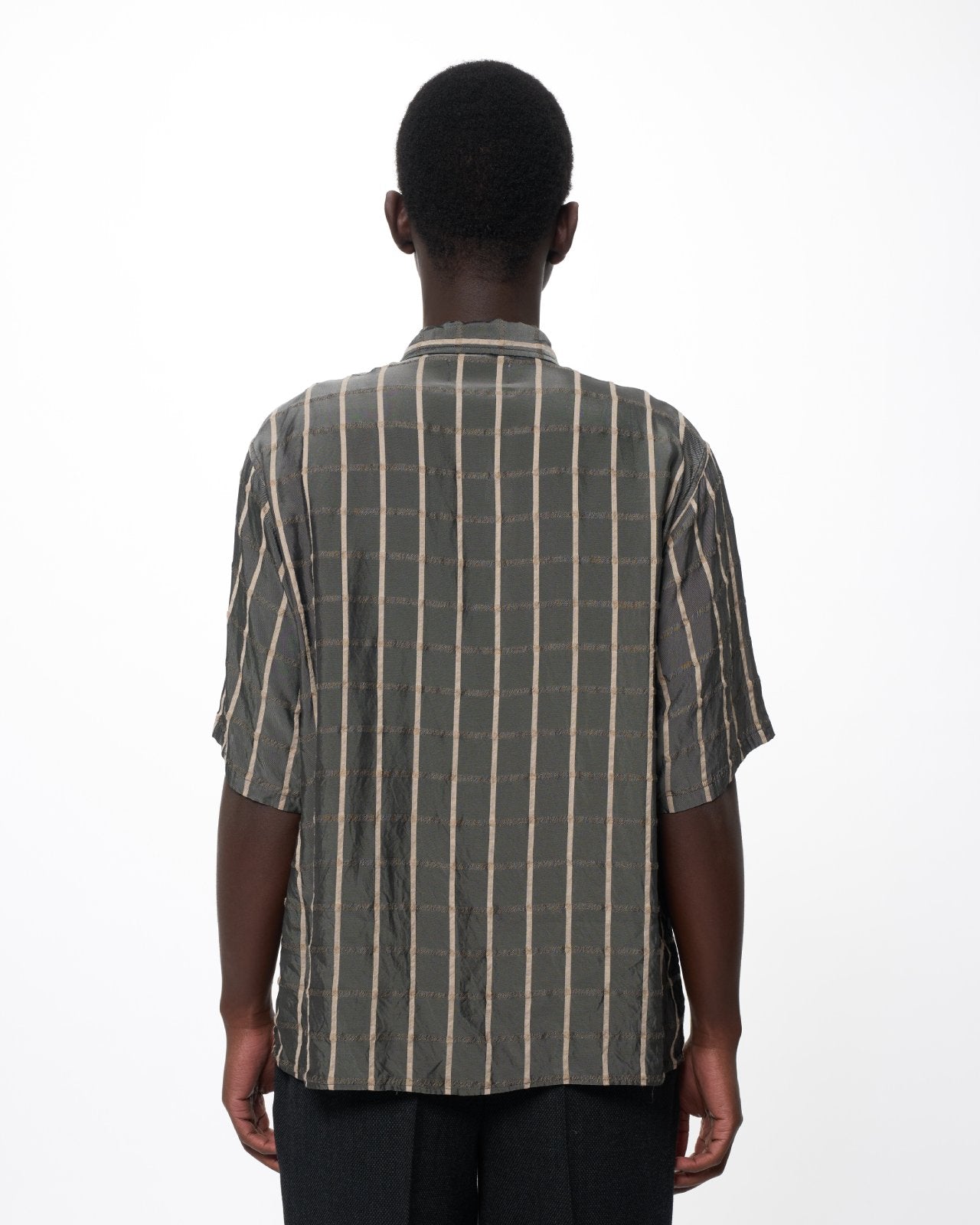 Cupra/Wool Twill / Open Collar S/S Shirt, Gray Check