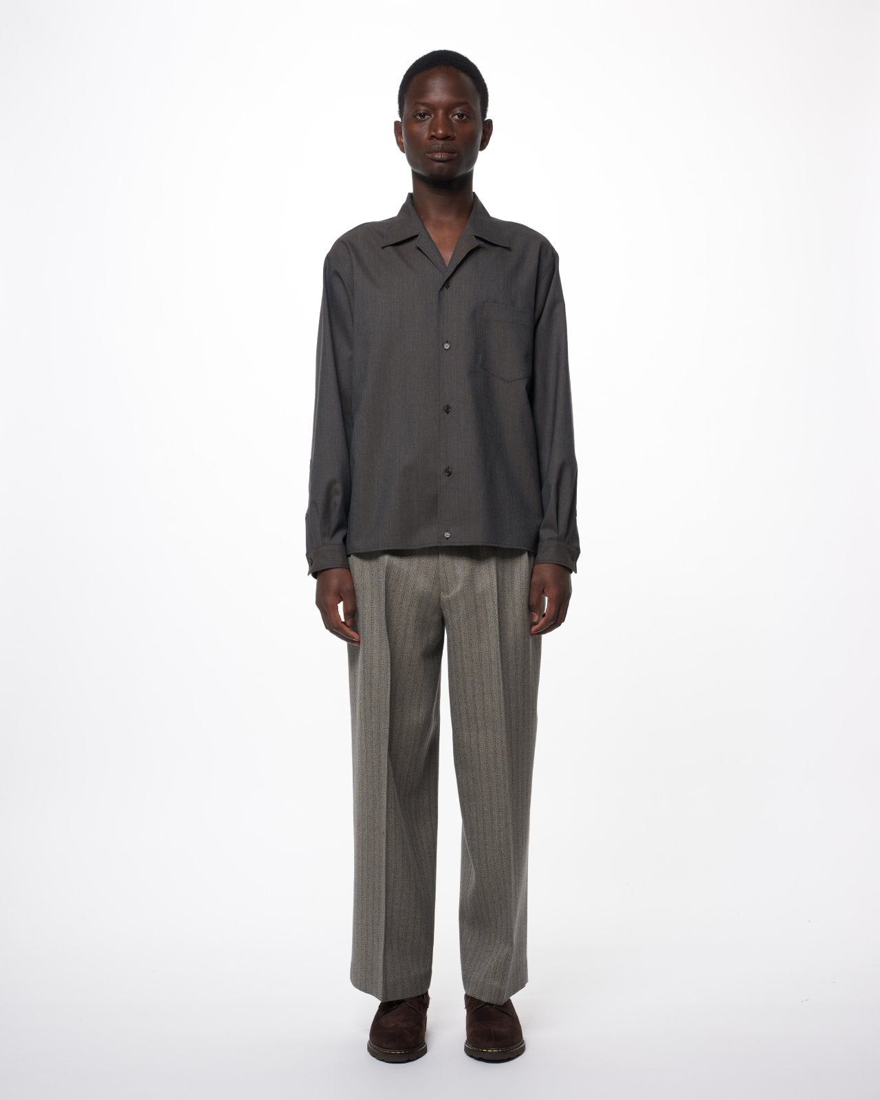 2/60 Wool Tropical Melange / Open Collar L/S Shirt With Hem Tab, Brown Gray