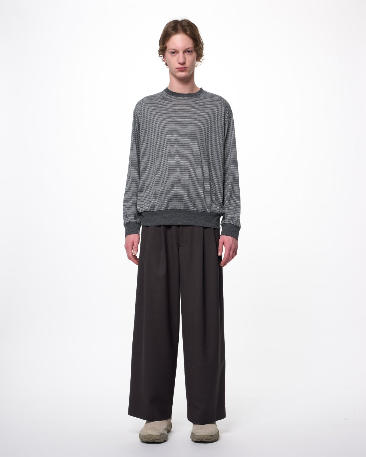 Super 120s Washable Wool Jersey / Crew Neck L/S Tee, Gray Border