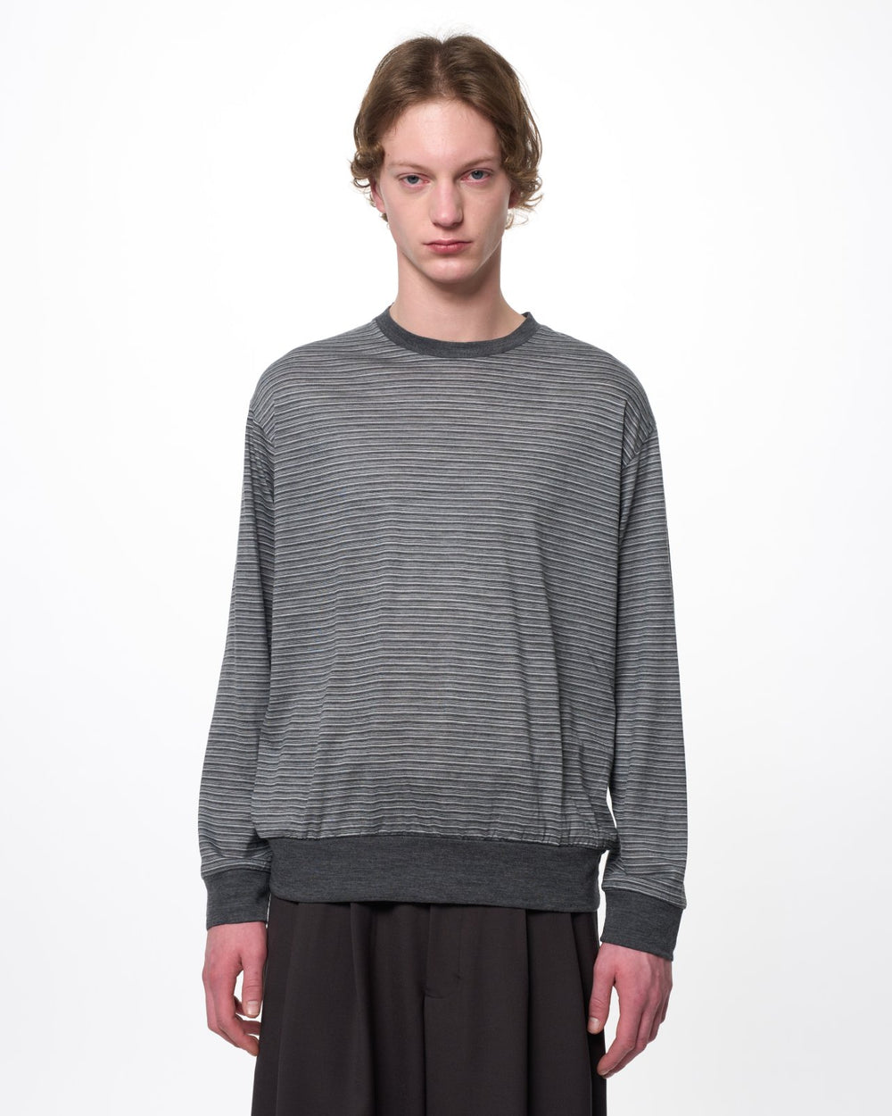 Super 120s ウォッシャブルウール天竺 / クルーネックL/S Tee, Gray Border