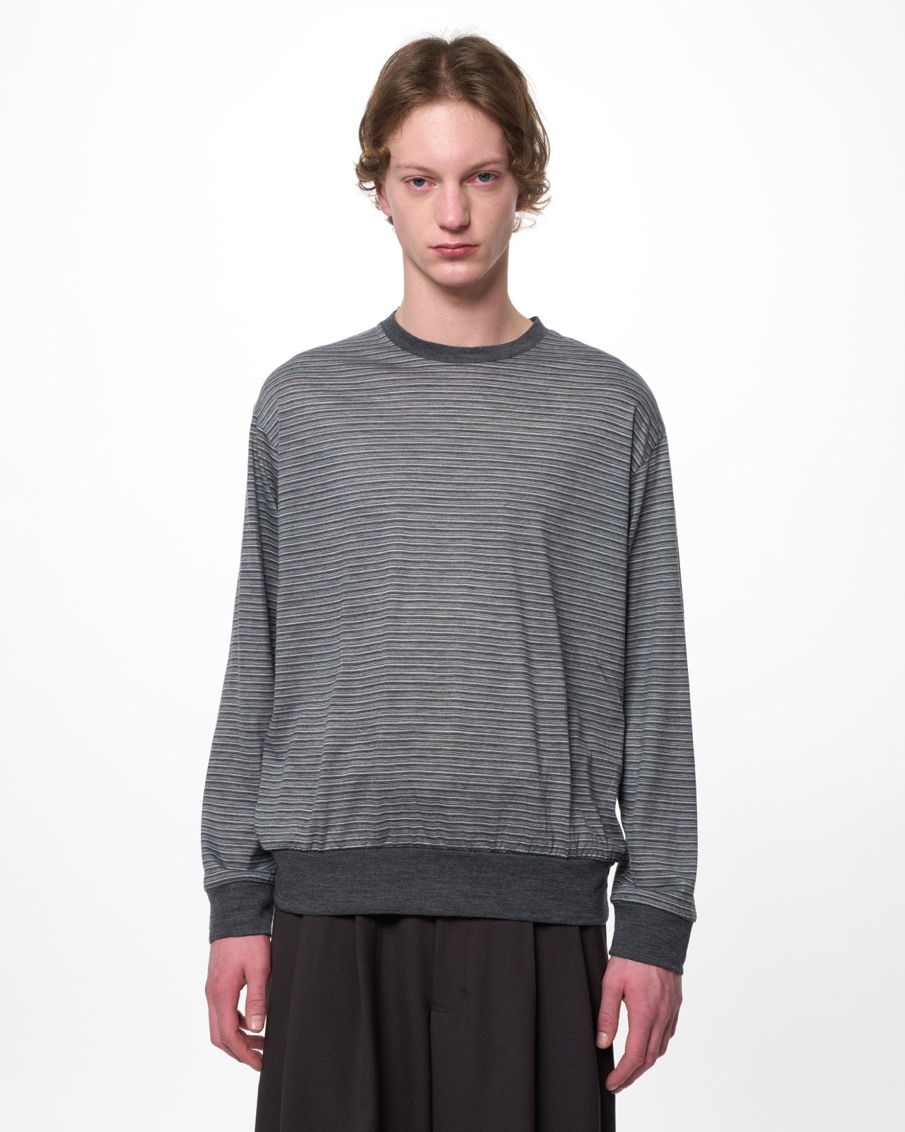 Super 120s Washable Wool Jersey / Crew Neck L/S Tee, Gray Border