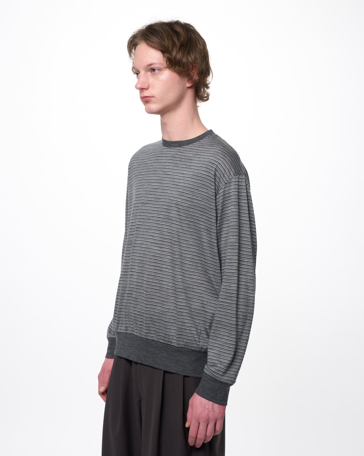 Super 120s Washable Wool Jersey / Crew Neck L/S Tee, Gray Border