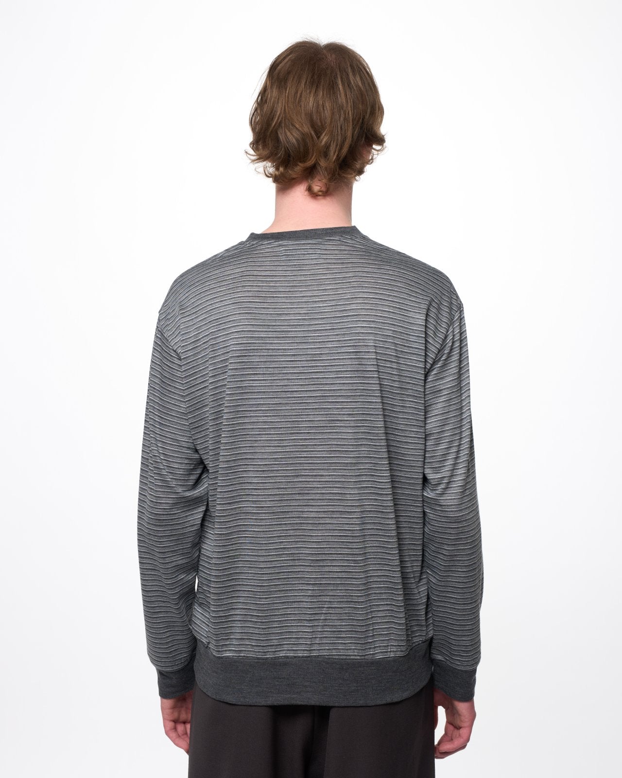 Super 120s Washable Wool Jersey / Crew Neck L/S Tee, Gray Border