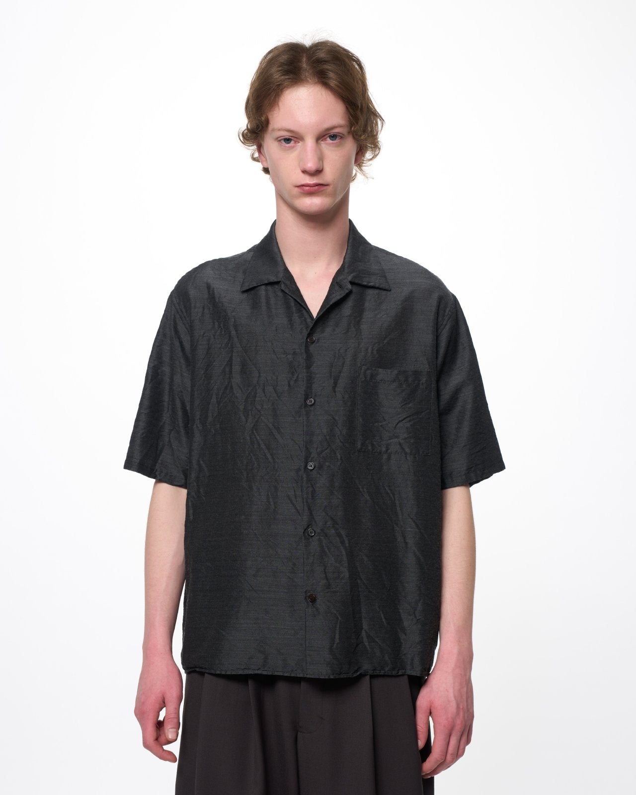 Silk/Wool Feather Twill / Open Collar S/S Shirt, Gray