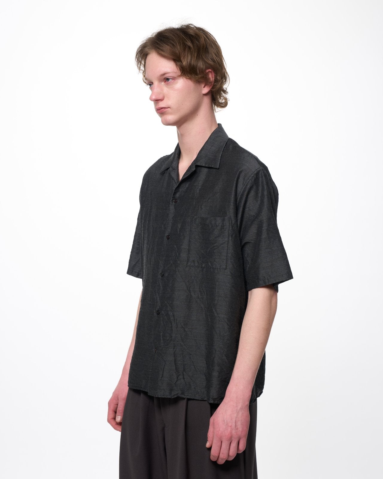Silk/Wool Feather Twill / Open Collar S/S Shirt, Gray