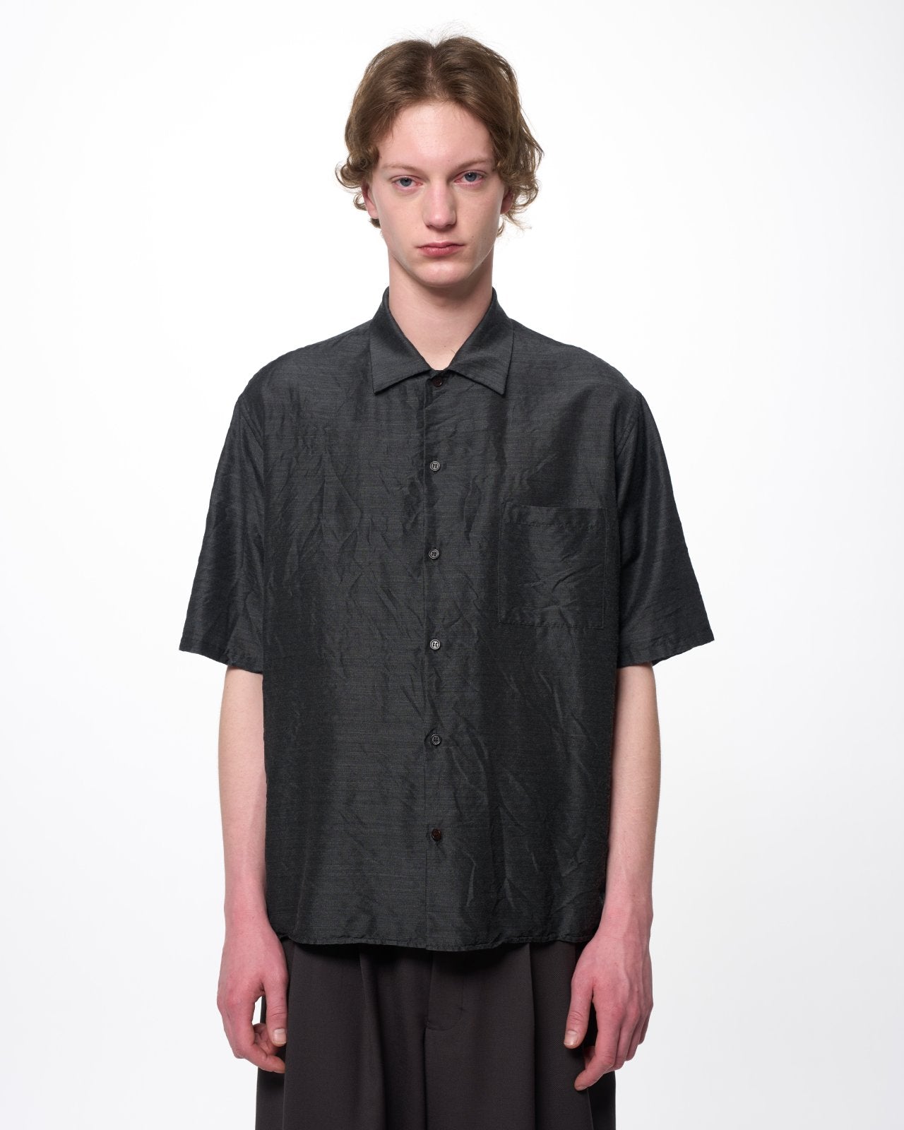 Silk/Wool Feather Twill / Open Collar S/S Shirt, Gray