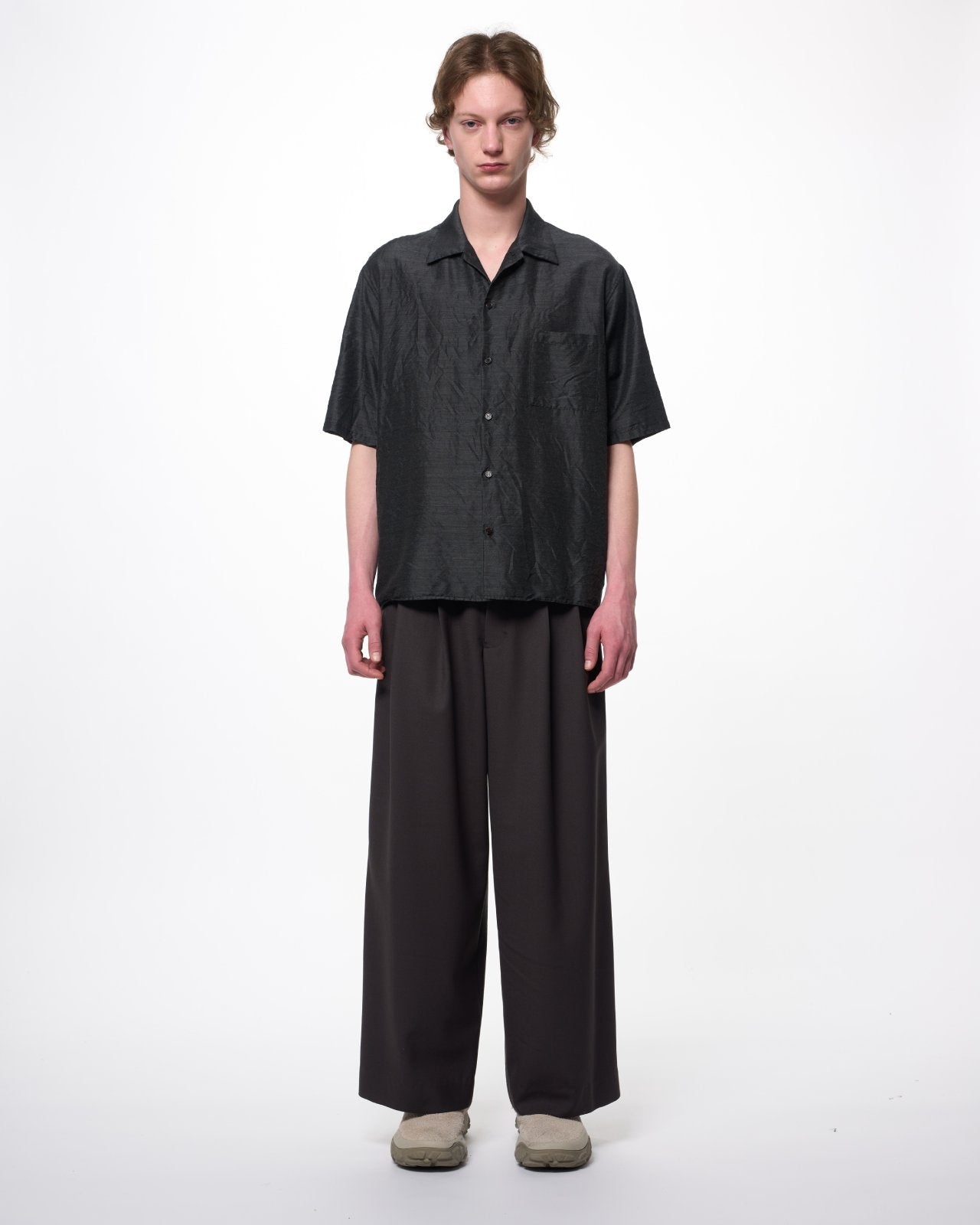 Silk/Wool Feather Twill / Open Collar S/S Shirt, Gray