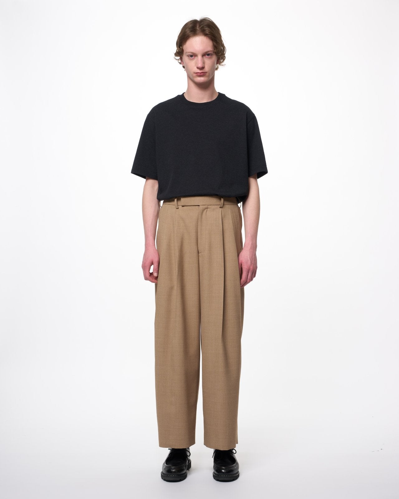 Recycled Polyester Wool Gabardine / Double Pleated Baggy Trousers, Beige