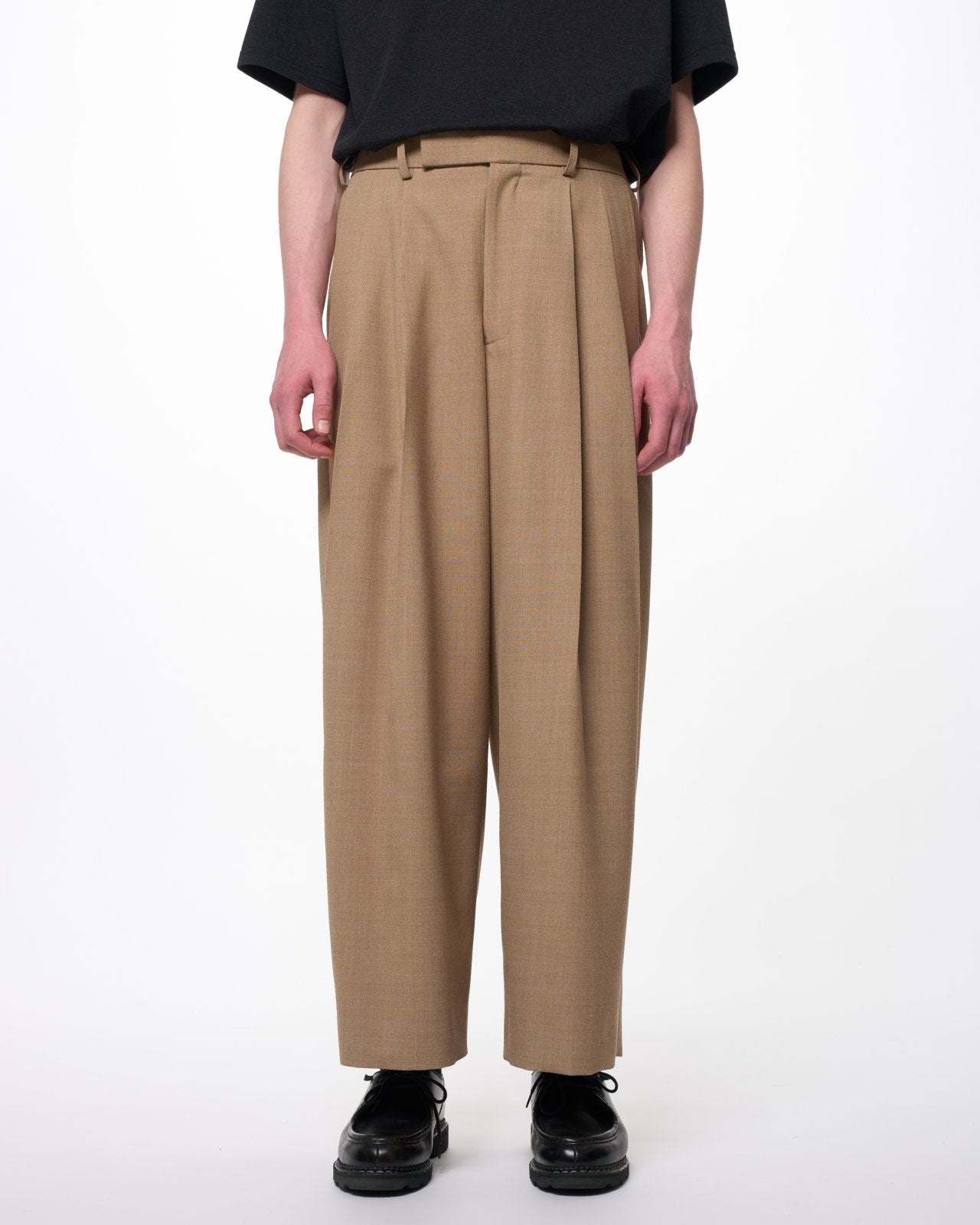 Recycled Polyester Wool Gabardine / Double Pleated Baggy Trousers, Beige