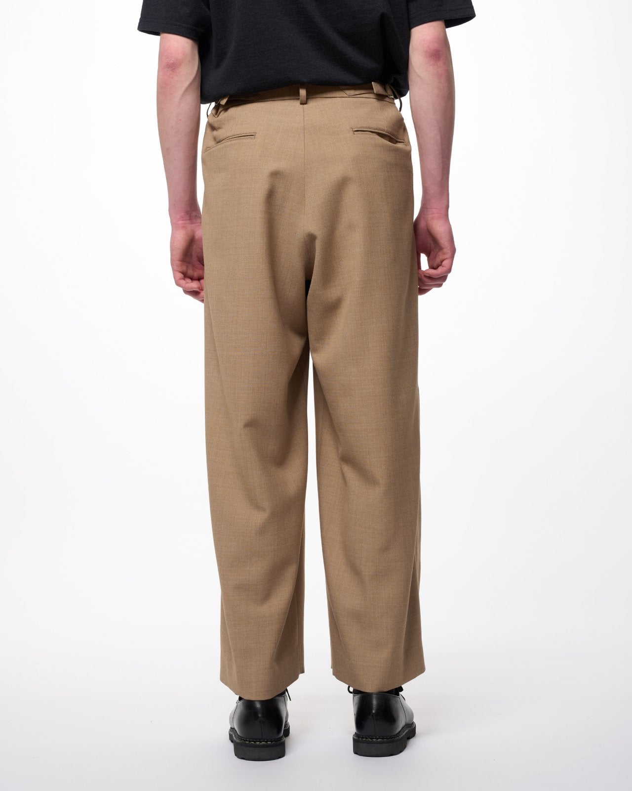 Recycled Polyester Wool Gabardine / Double Pleated Baggy Trousers, Beige