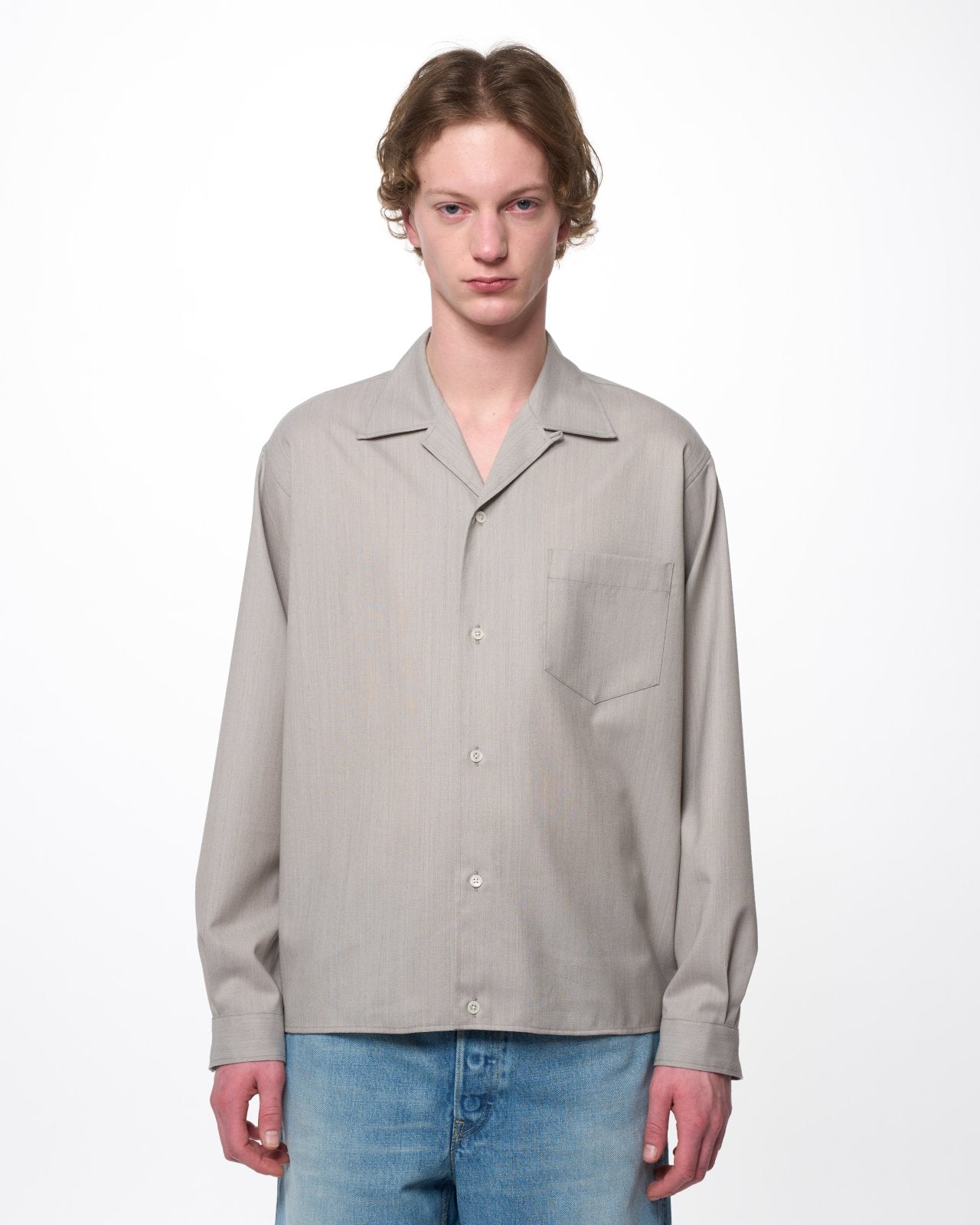 【PARKING Special Order】2/60 Wool Tropical Melange / Open Collar L/S Shirt With Hem Tab, Light Gray