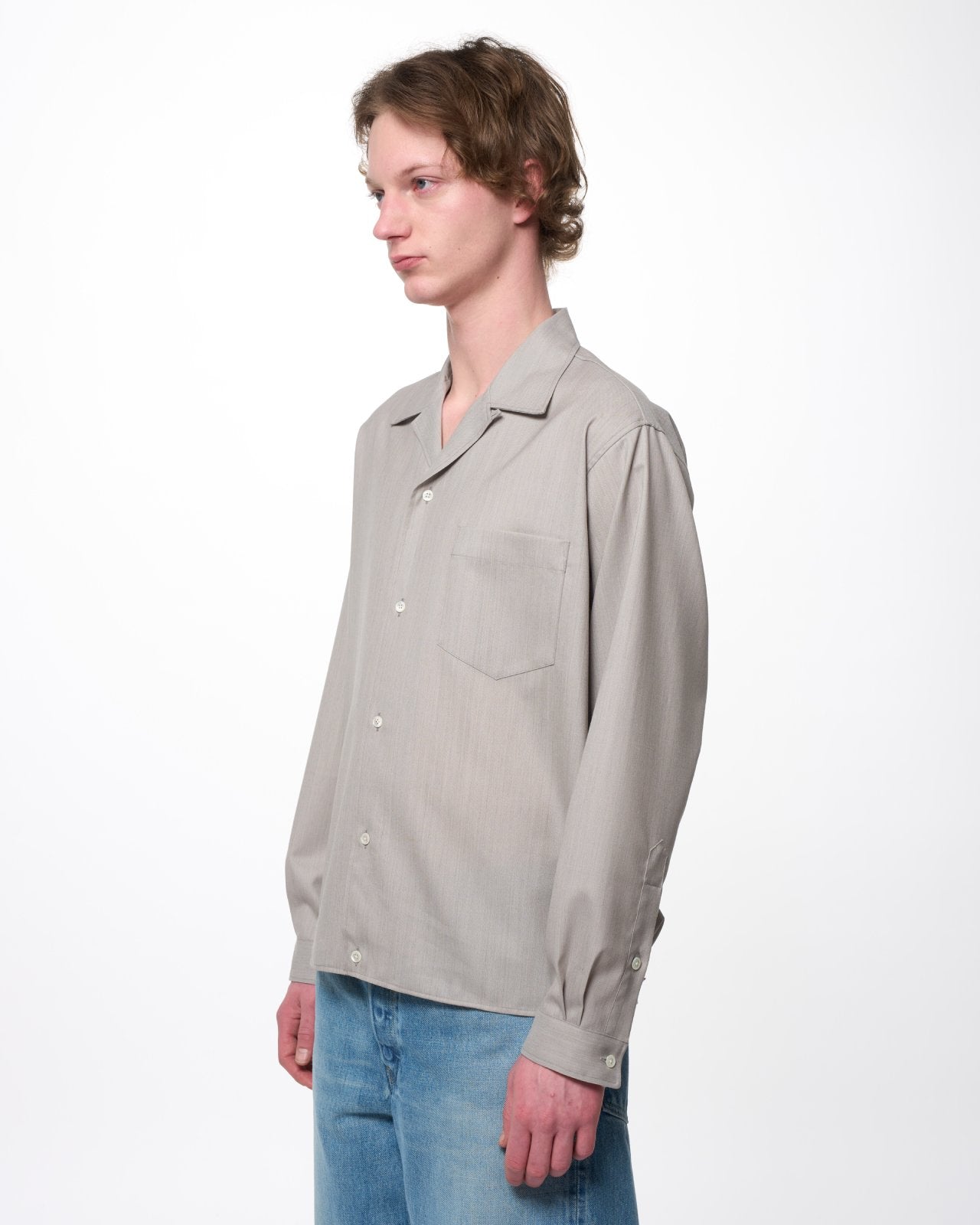 【PARKING Special Order】2/60 Wool Tropical Melange / Open Collar L/S Shirt With Hem Tab, Light Gray