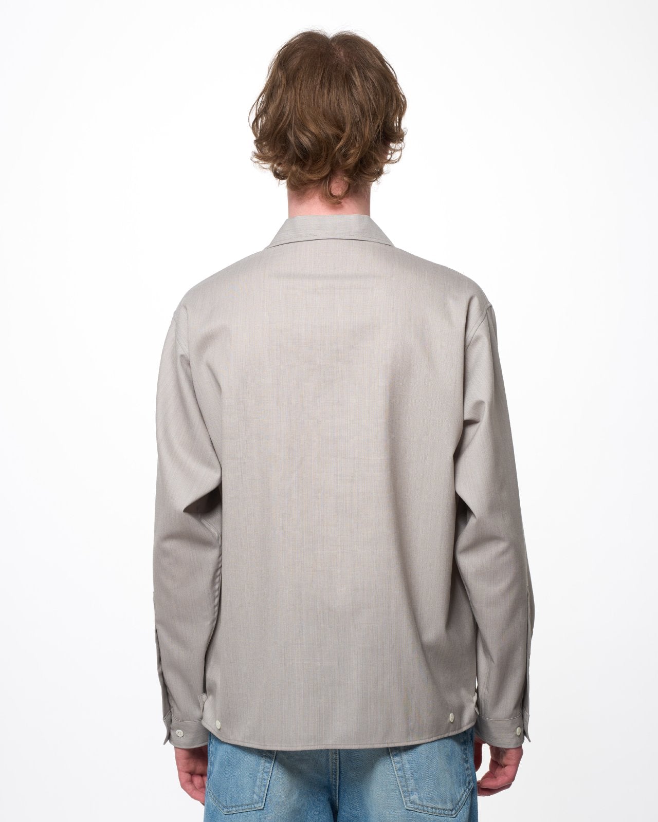 【PARKING Special Order】2/60 Wool Tropical Melange / Open Collar L/S Shirt With Hem Tab, Light Gray