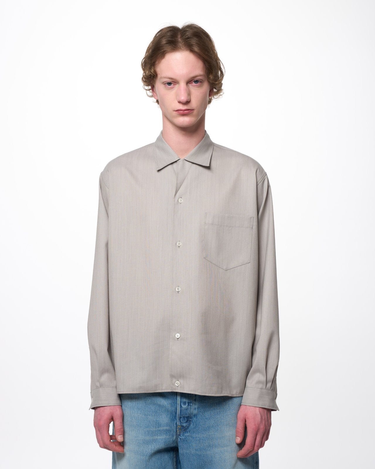 【PARKING Special Order】2/60 Wool Tropical Melange / Open Collar L/S Shirt With Hem Tab, Light Gray