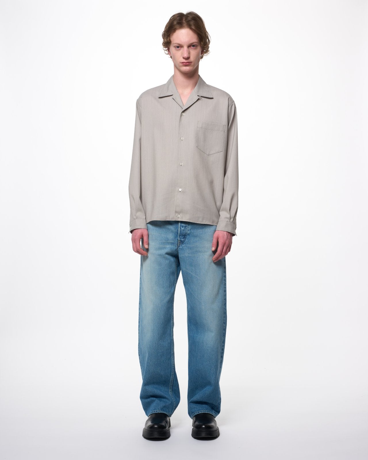 【PARKING Special Order】2/60 Wool Tropical Melange / Open Collar L/S Shirt With Hem Tab, Light Gray
