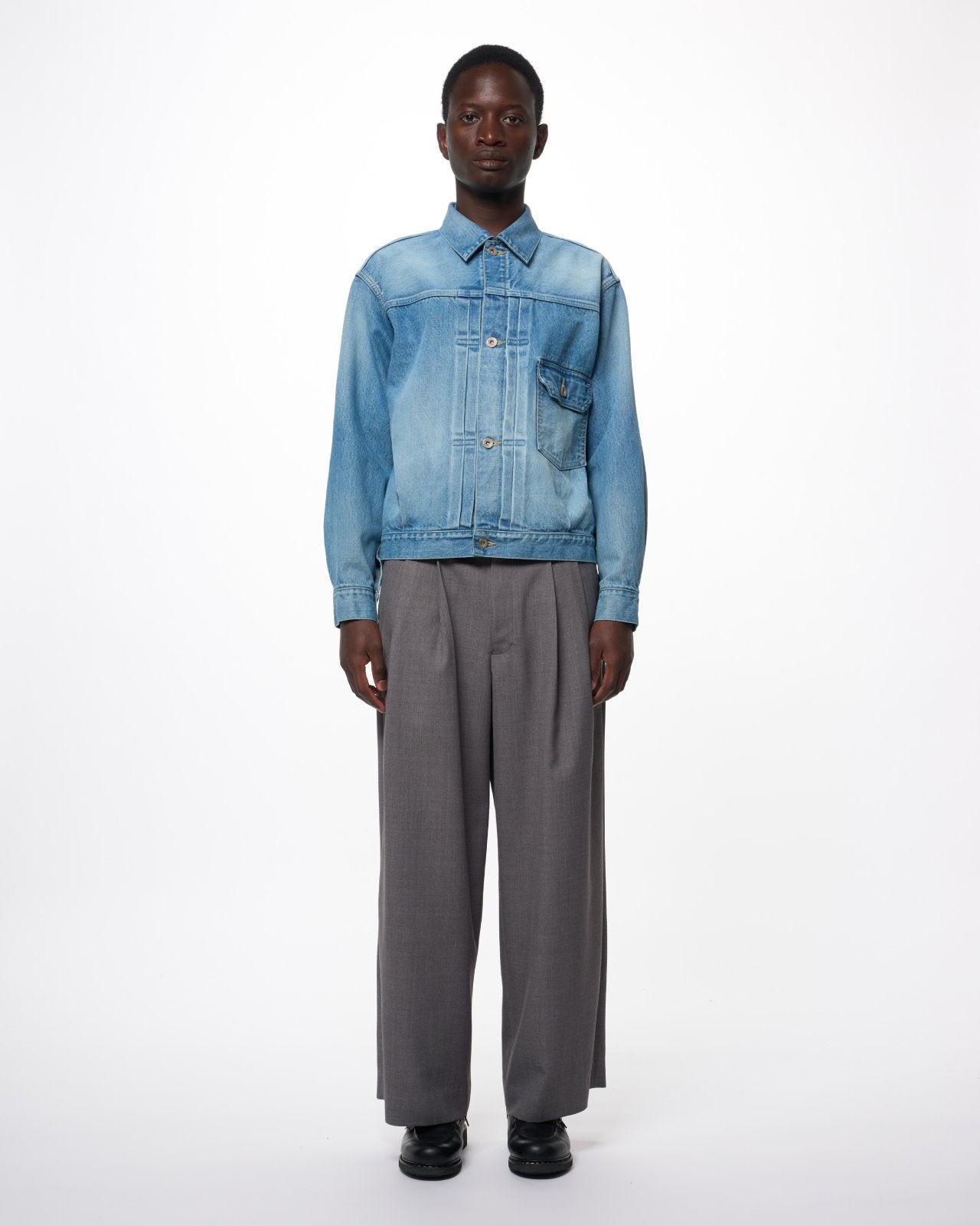 Recycled Polyester Wool Gabardine / Double Pleated Baggy Trousers, Gray