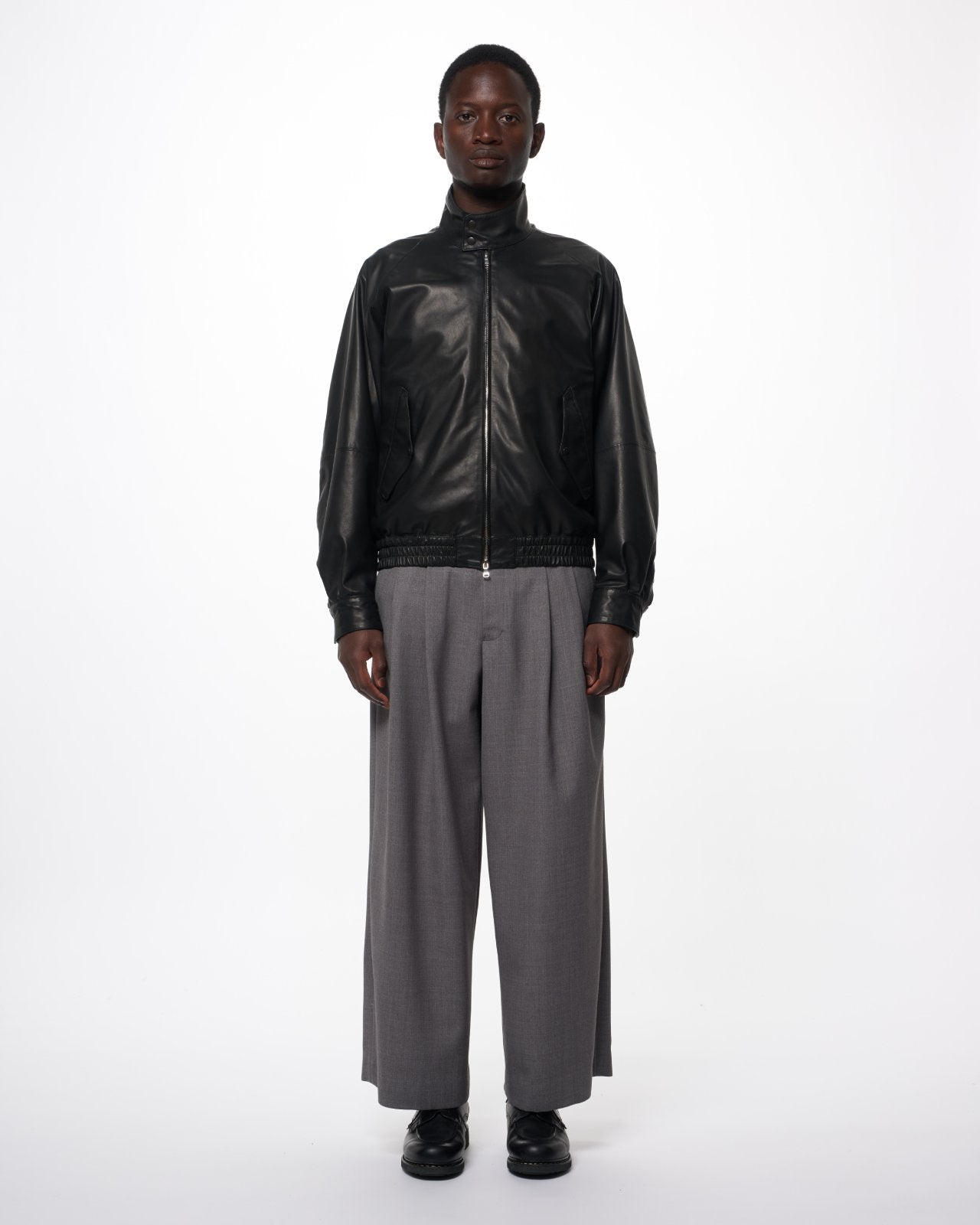 Recycled Polyester Wool Gabardine / Double Pleated Baggy Trousers, Gray