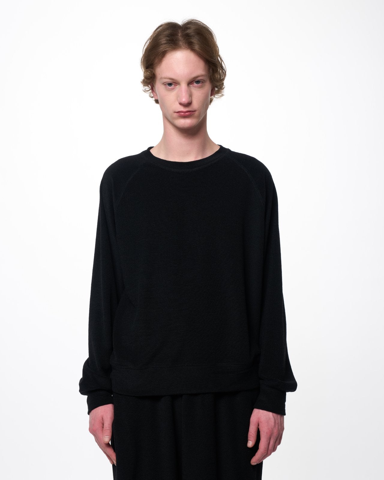 Super 140s Washable Wool Pile Knit / Crew Neck Raglan Sweatshirt, Black