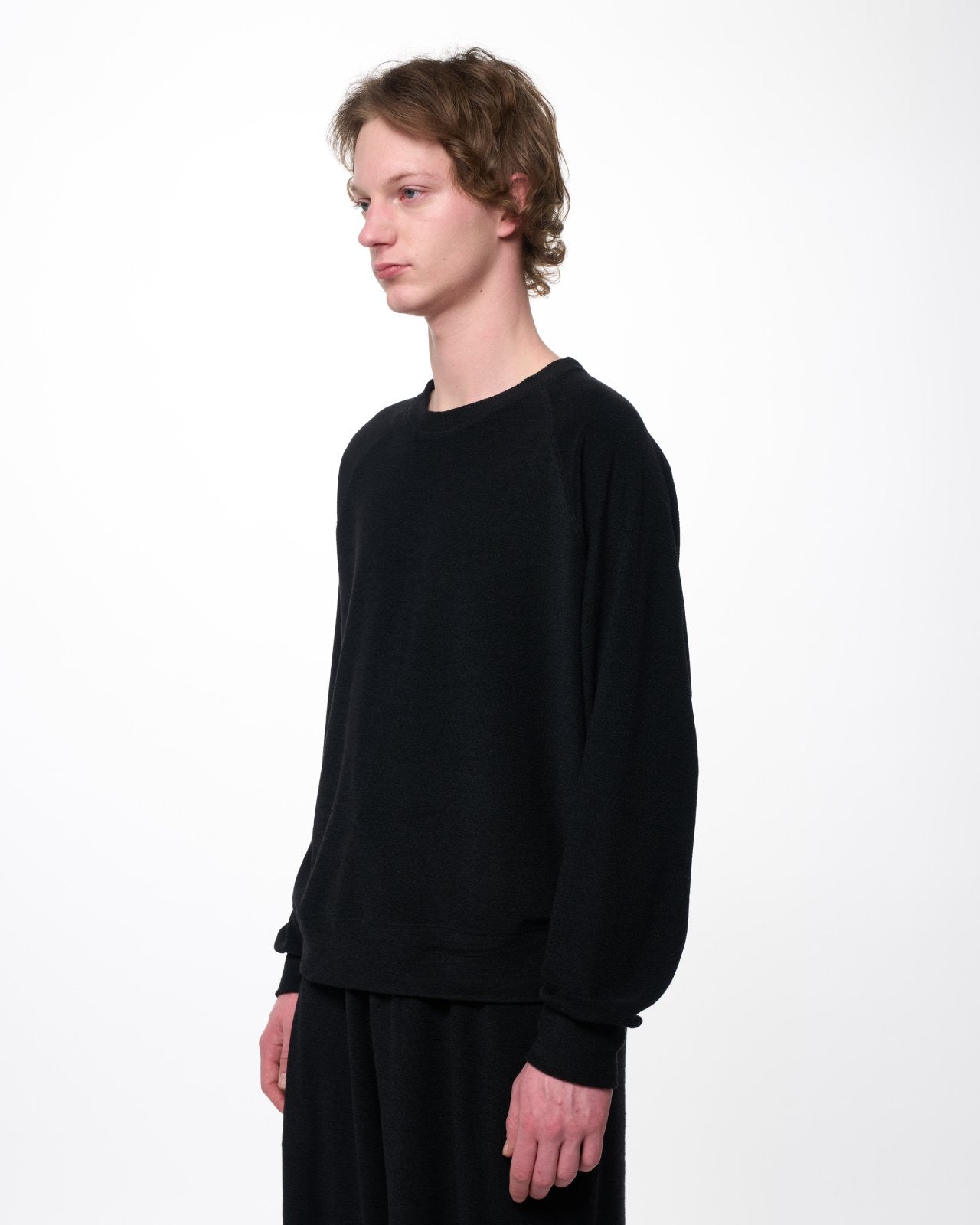 Super 140s Washable Wool Pile Knit / Crew Neck Raglan Sweatshirt, Black