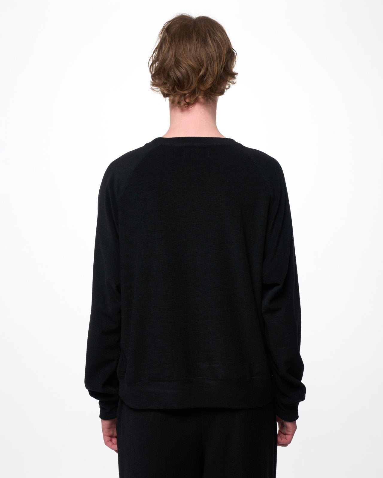 Super 140s Washable Wool Pile Knit / Crew Neck Raglan Sweatshirt, Black